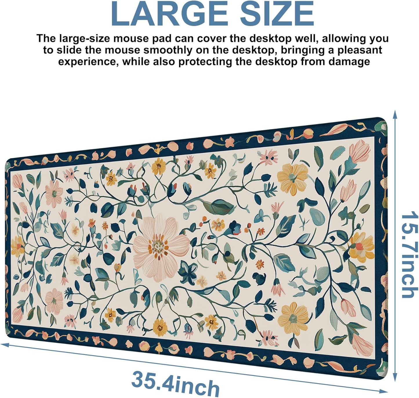 Gaming Desk Pad Large Extra Length Oriental Decorative Mouse Pad Keyboard Laptop Non-Slip Waterproof with Rubber Base Thick Stitched Edge Mouse Mat for Office Home 35.4 x 15.7 Inches