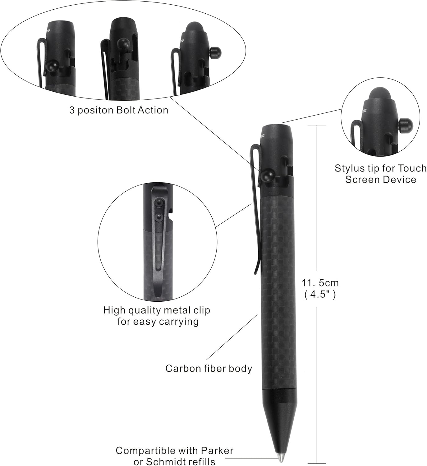 Cool Hand 4.9'' Carbon Fiber Bolt Action Pen Stylus for Touch Screen, Ballpoint Ink Refillable, Compact Size, Skelton Out Deep Pocket Clip for Easy Carring