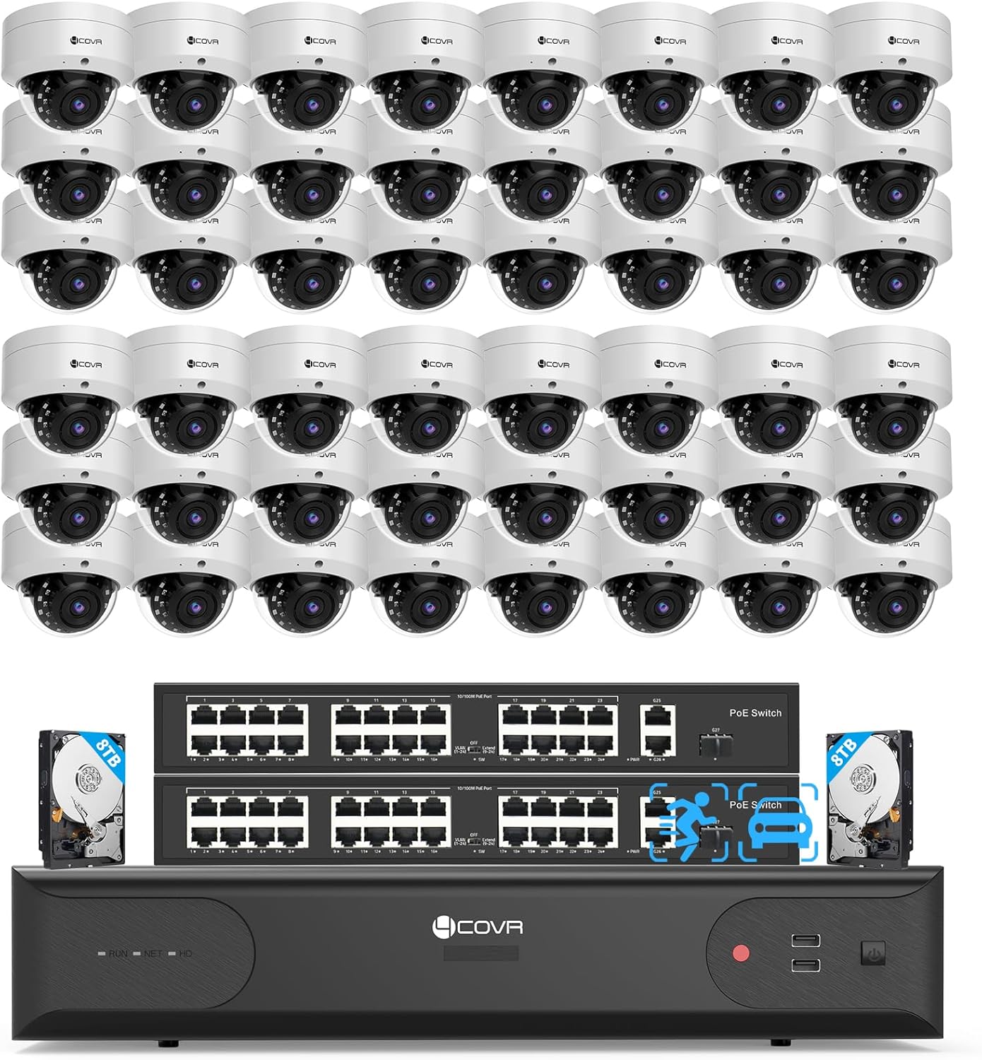 4COVR PoE 64 Channel Security Camera System, Human Vehicle Detection, 48Pcs IK10 Vandal-Proof 5MP Commercial Dome IP Camera IP67 with Mic, 8MP NVR 16TB HDD, 24/7 Business Surveillance, LY54AX5M6448