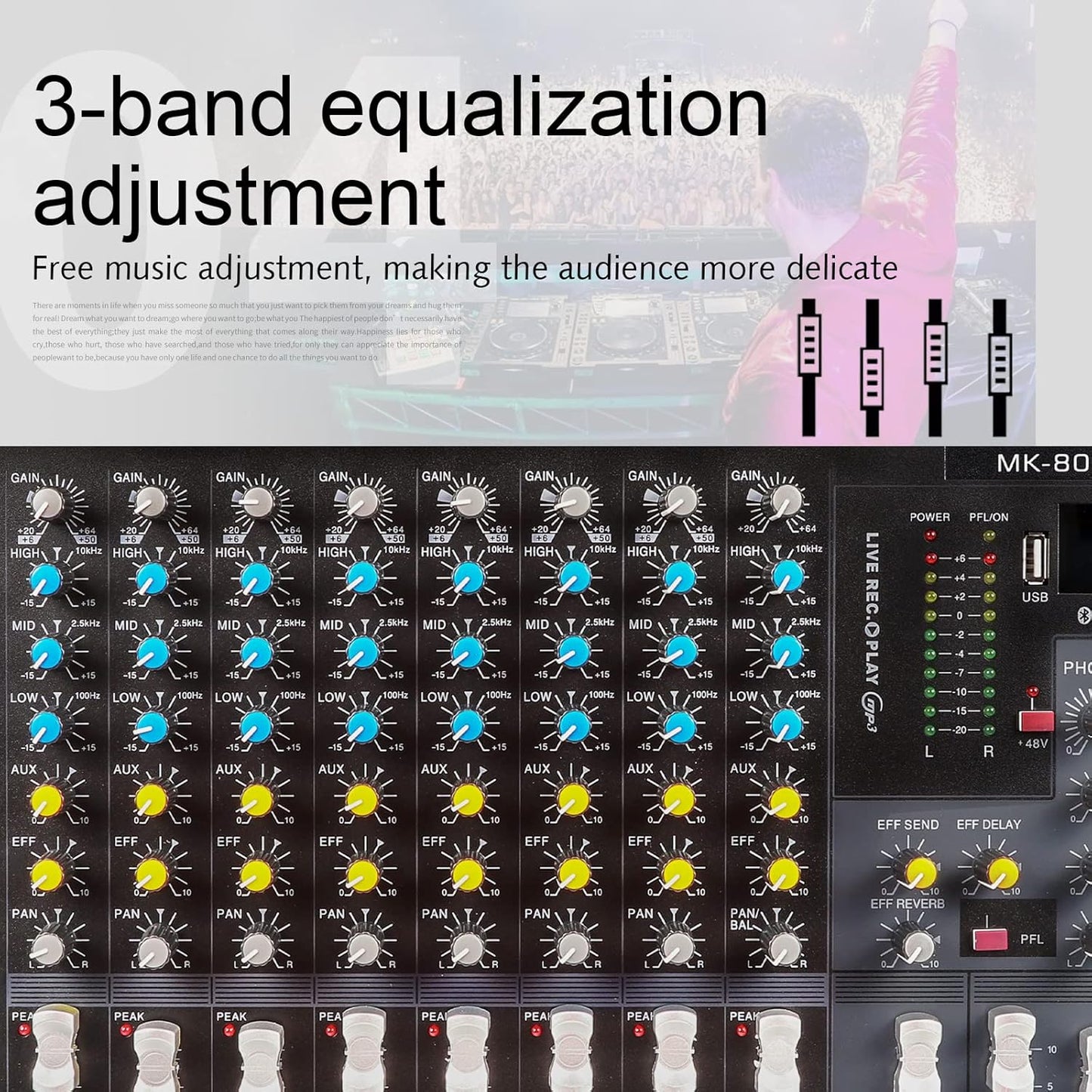 G-MARK MK800MP3 Professional Audio Mixer Sound Board 8 Channels Mixing Console with MP3 Player +48V Phantom Power Digital USB Bluetooth Reverb DJ Mixer Audio for PC Karaoke Stage Studio Recording