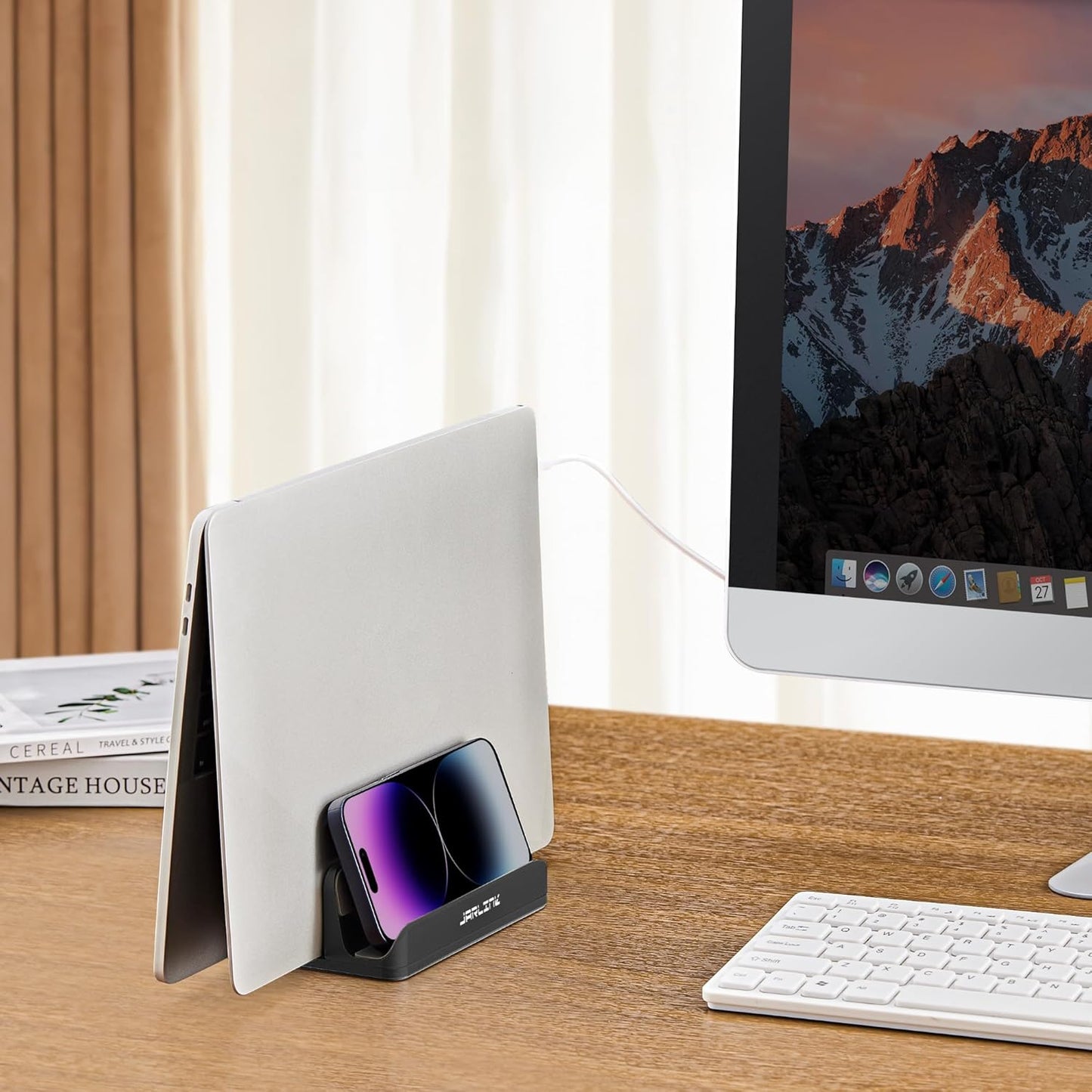 JARLINK 4-in-1 Adjustable Vertical Laptop Stand Holder, Aluminum Dual Slots Laptop Rack for Desk, Space-Saving Organizer Compatible with All MacBook, Surface, Chromebook, and Gaming Laptops (Black)