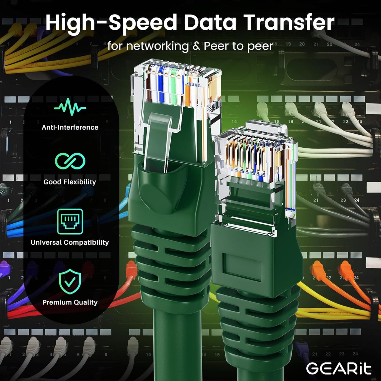 GearIT Cat 6 Ethernet Cable (24-Pack 3 Feet) Cat6 Network Patch, 10Gbps, RJ45, Snagless Cord, Gold-Plated Connectors, Internet for PC, TV, Tablet, Router, Printer, Servers, IT Data Center - Green