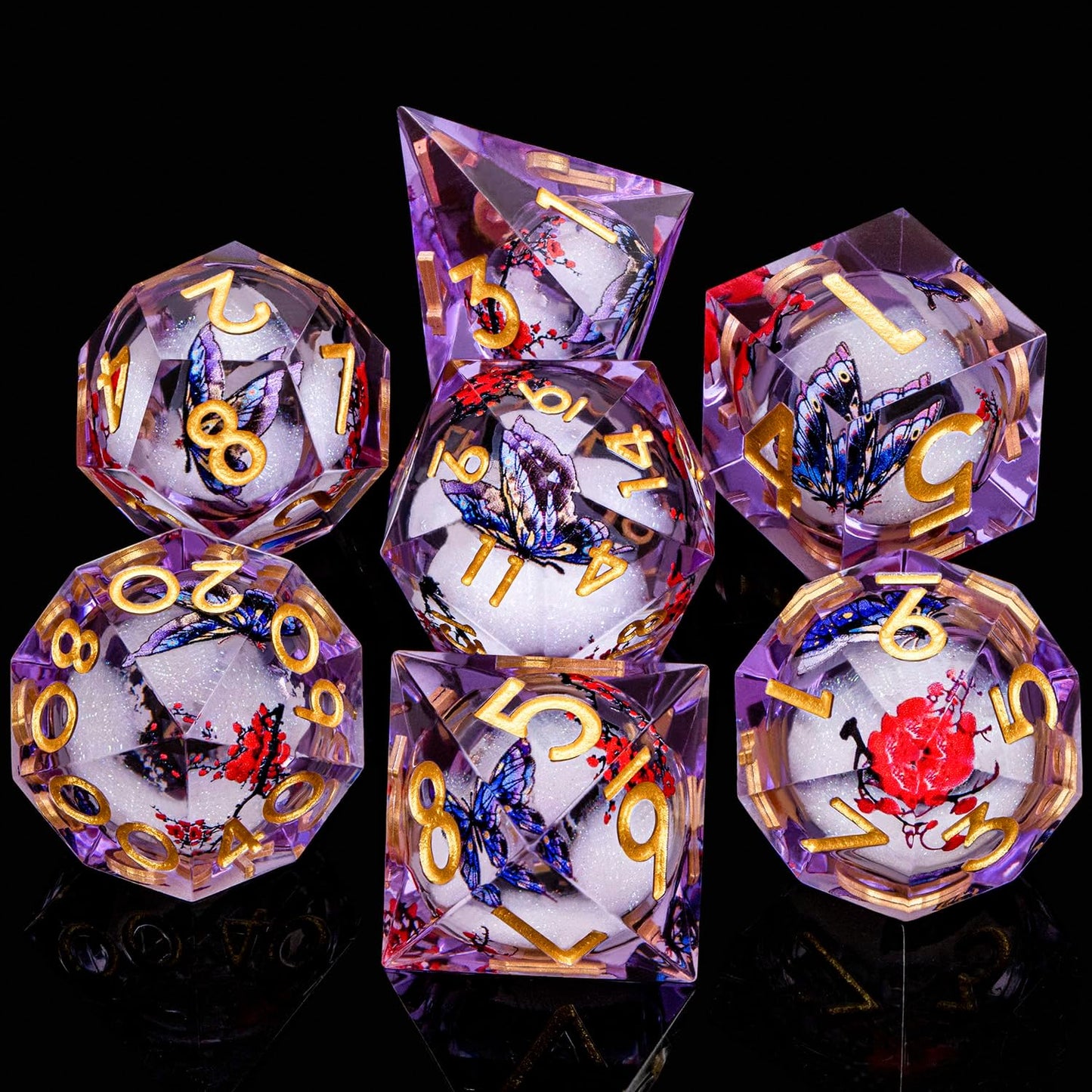 Butterfly DND Dice Purple Liquid Core Dice Set with Metal Box, Handmade Sharp Edge D and D Polyhedral Dice for use with D&D Role Playing Game, D20 D12 D10 D8 D6