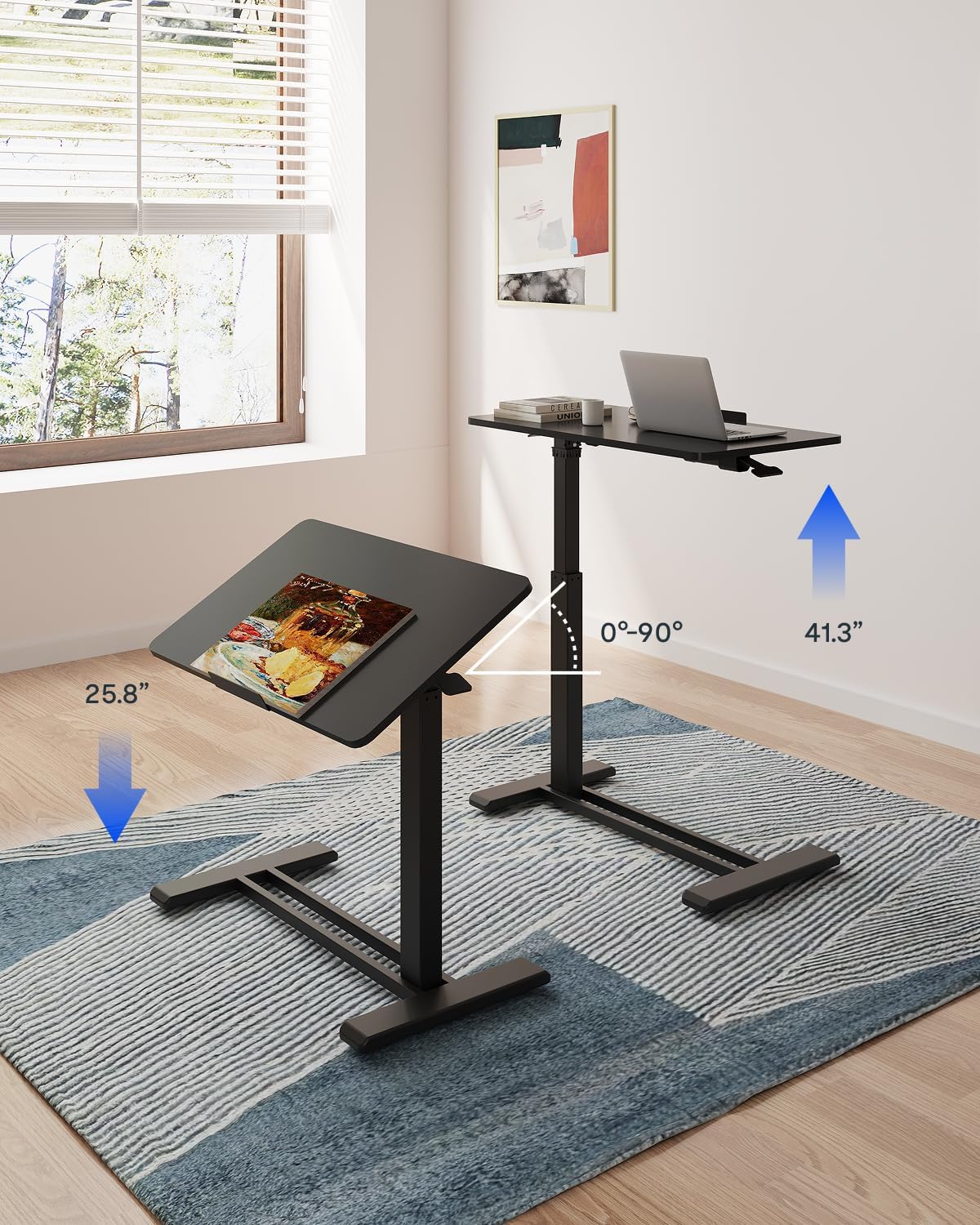 FLEXISPOT H7 PRO Mobile Standing Desk Adjustable Overbed Table Pneumatic with Wheels 90°Tiltable Portable Laptop Desk Rolling Computer Cart Foldable Bedside Table(27.6" W x 15.7" D, Black)