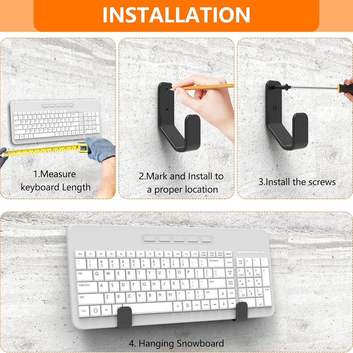 4 PCS Keyboard Wall Mount Storage,Keyboard Wall Holder,Keyboard Wall Rack, Metal Keyboard Wall Hanger with Adhesive & Screw in,for Gaming Mechanical Keyboards, for Devices Thickness < 3cm