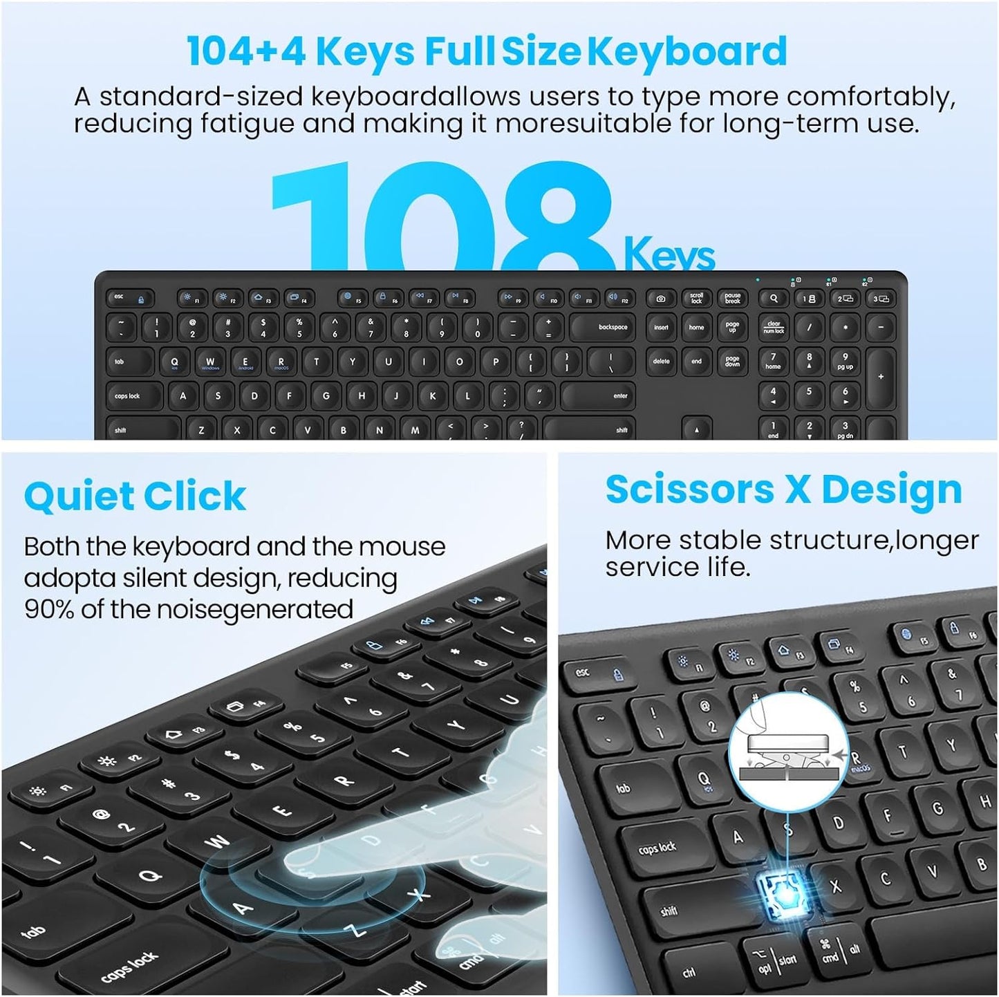 K9300 Wireless Bluetooth Keyboard (USB+BT1+BT2), Support Multi Device Switching, Full Size, Scissor-Switch Keys Silent Design for Computer, Laptop, MacBook and iPad.(Black) (K9300)