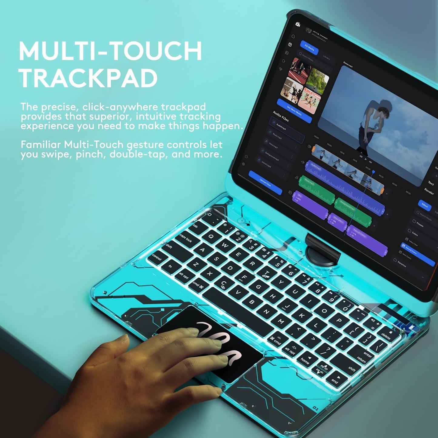 GUSGU Transparent Case with Wireless Keyboard for iPad Air 13-in.(M3/M2, 2025/2024), 7 Colors Backlight, Trackpad, 360°Rotating Stand for iPad Pro 12.9-in (6/5/4/3 Gen), Tech Style