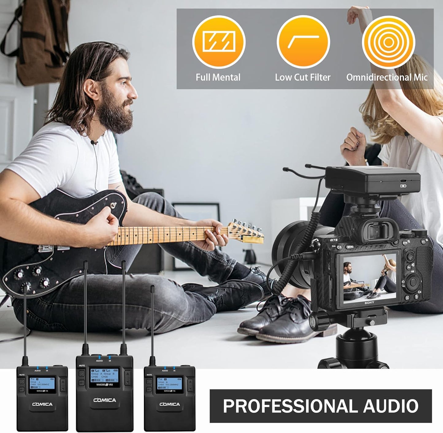 Dual Wireless Lavalier Microphone System,Comica CVM-WM300A UHF 96 Channel Professional Lapel Lav Microphone for DSLR Canon Nikon Sony Camera XLR Camcorder Youtube Interview TV Video Recording(2TX+1RX)