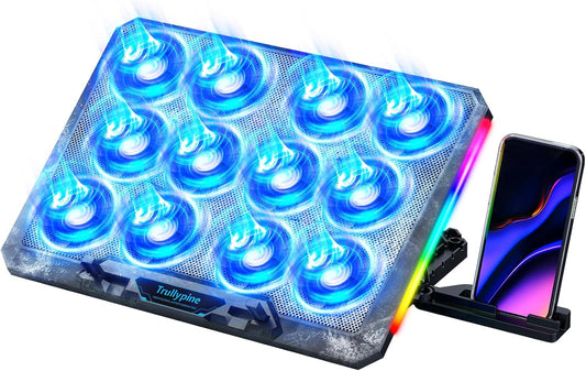 Laptop Cooling Pad with 12 Quiet Fans, Slim Portable for 12-17.3 Inch Laptop Cooler Stand with 5 Height Adjustable, Ergonomic Gaming Cooling Fan Pad with Two USB Ports & Phone Holder (Gear)