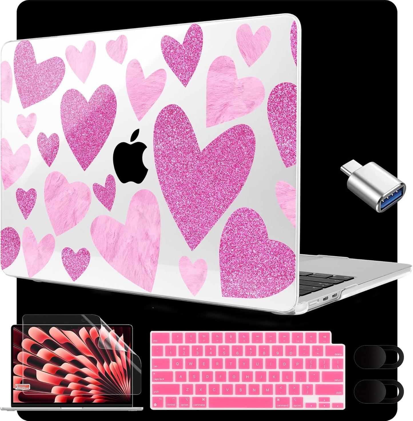MEEgoodo for M4/M3/M2 MacBook Air 15.3 inch Case 2025 2024 2023, Case Fit Model (A3241/A3114/A2941) for MacBook Air 15 inch, Laptop Hard Shell with Keyboard Cover, Glitter Hearts