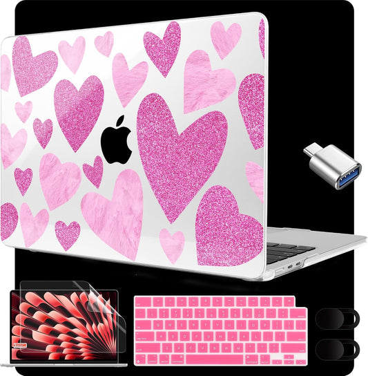 MEEgoodo for M4/M3/M2 MacBook Air 15.3 inch Case 2025 2024 2023, Case Fit Model (A3241/A3114/A2941) for MacBook Air 15 inch, Laptop Hard Shell with Keyboard Cover, Glitter Hearts