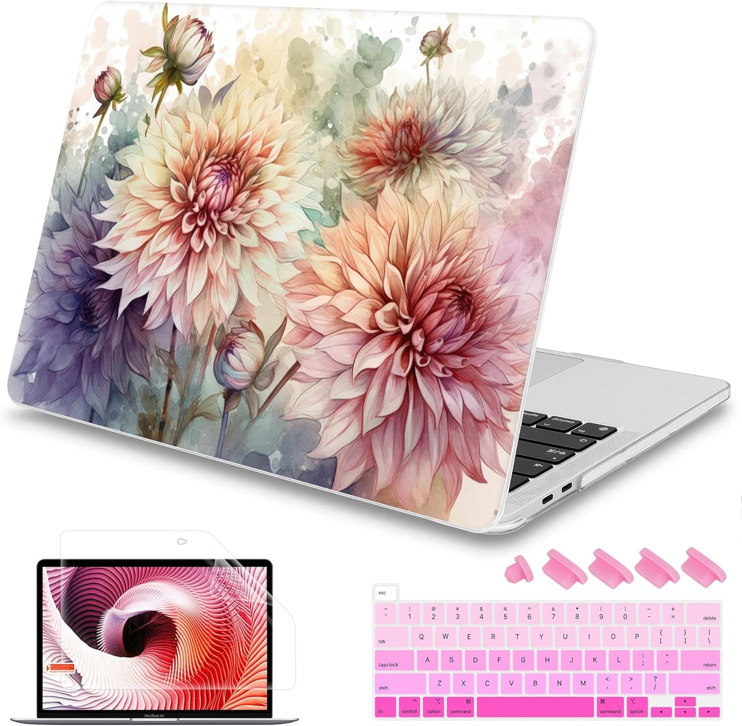 Mektron Designed Case for MacBook Pro 16 Inch A2141 Cover 2019 Release 16" with Liquid Retina Display/Touch ID, Plastic Hard Shell with Keyboard Skin & Screen Protector, Watercolor Dahlias