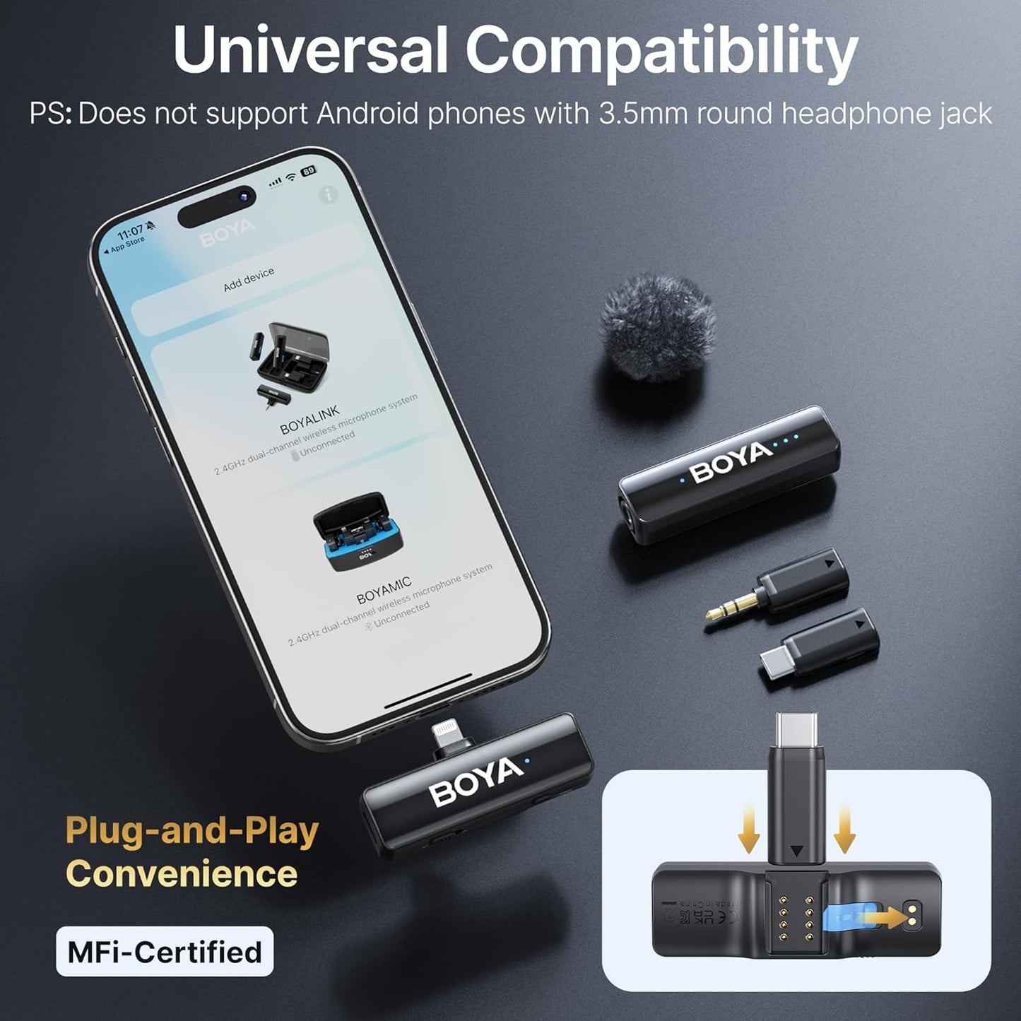 BOYA BOYALINK 2 A1 (1TX+3RX Adapter) Wireless Lavalier Microphone for iPhone Camera Android, Clip on Mic, 48 KHz 24 Bit, 6mm Mic, 1000ft, Noise Cancelling, Mini Lapel Mic USB-C/Lightning/3.5mm TRS