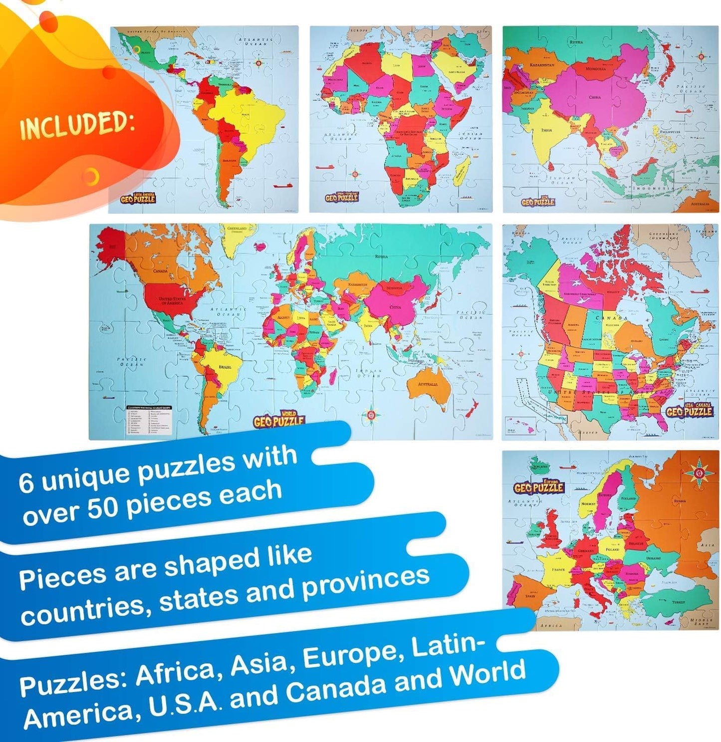 GeoToys GeoPuzzle, Country-Shaped Jigsaw Puzzles Set of 6 in One Box, Geography Puzzle, Map Puzzle, Jigsaw Puzzles for Kids Ages 6-9 Years Old
