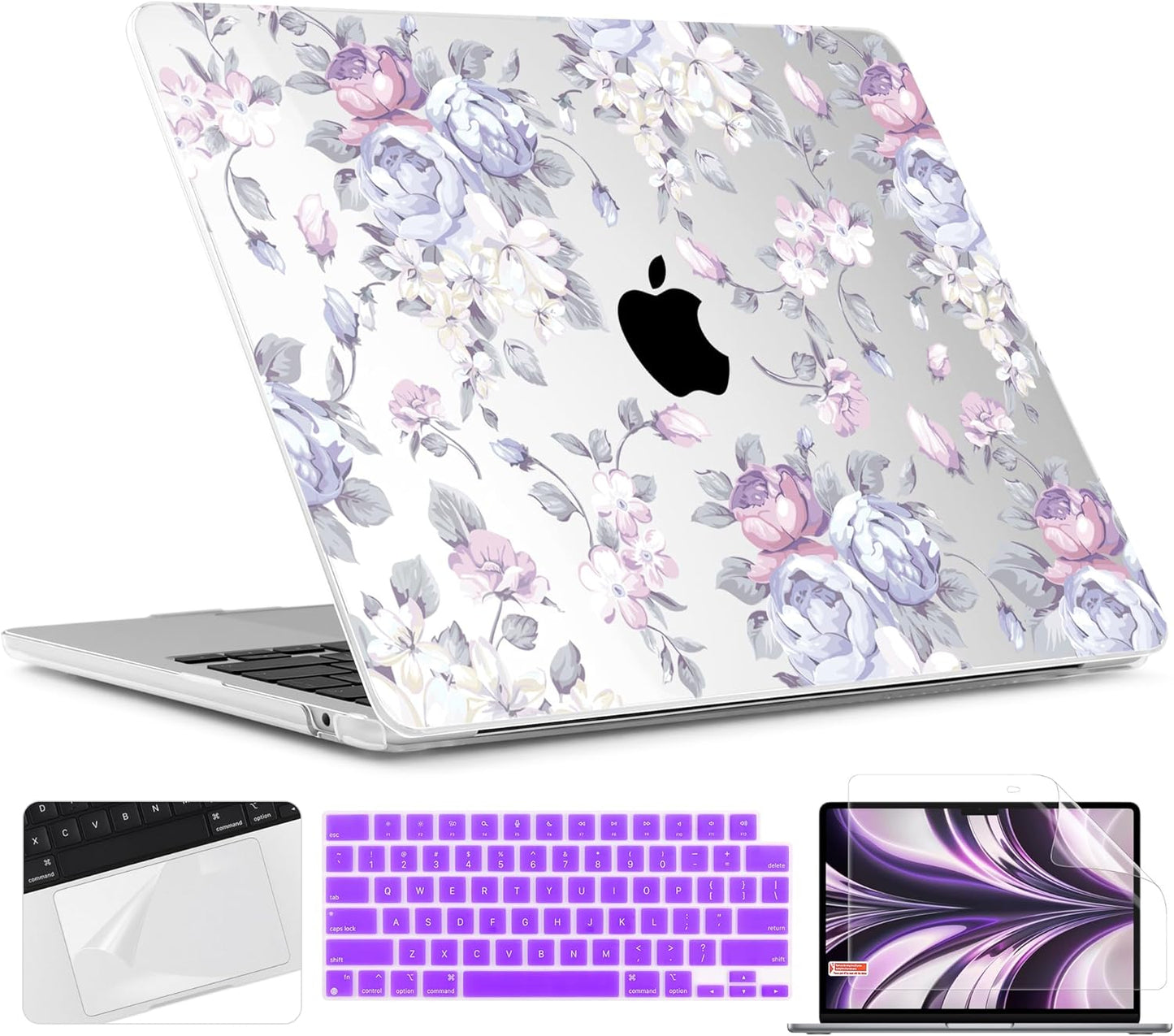 TWOLSKOO for M4 MacBook Air 13.6 inch Case 2025-2022 Release M4 A3240 M3 A3113 M2 A2681, Plastic Hard Shell & Screen Protector & Keyboard Cover & Trackpad Film, Purple Peony