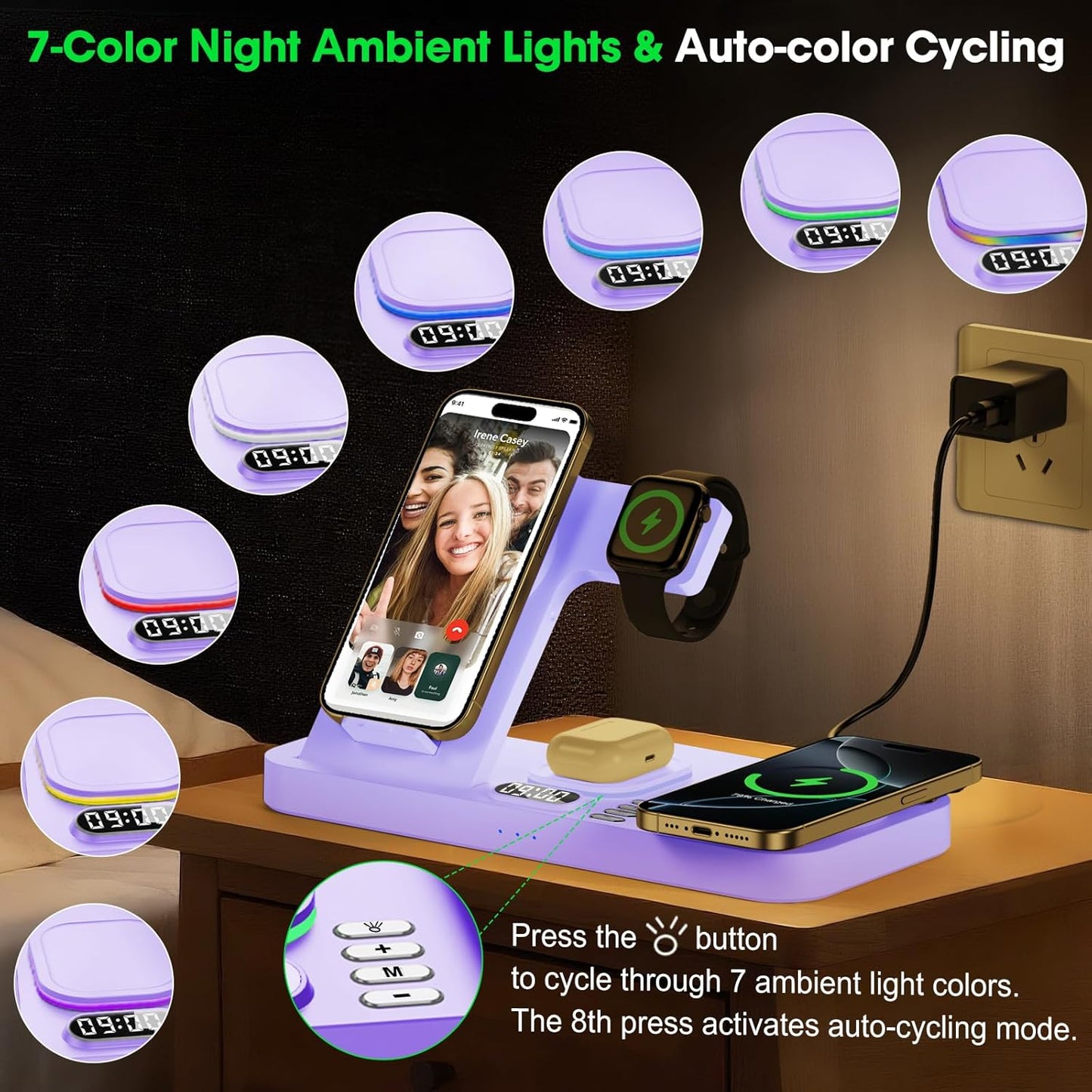 Dual Phone Wireless Charging Station for Apple Devices, Magnetic Charging Station for iPhone with Auto Switch 7-Color Light&Clock,Family Watch Charger for iPhone17 for iWatch10 for AirPods Pro3(Purple