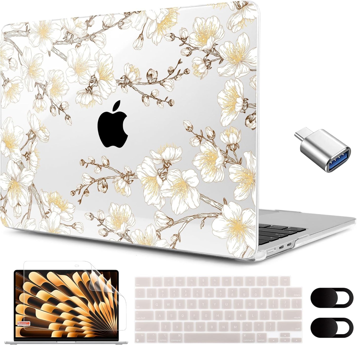 MEEgoodo for M4/M3/M2 MacBook Air 15.3 inch Case 2025 2024 2023, Case Fit Model (A3241/A3114/A2941) for MacBook Air 15 inch, Laptop Hard Shell with Keyboard Cover, Cherry Branches