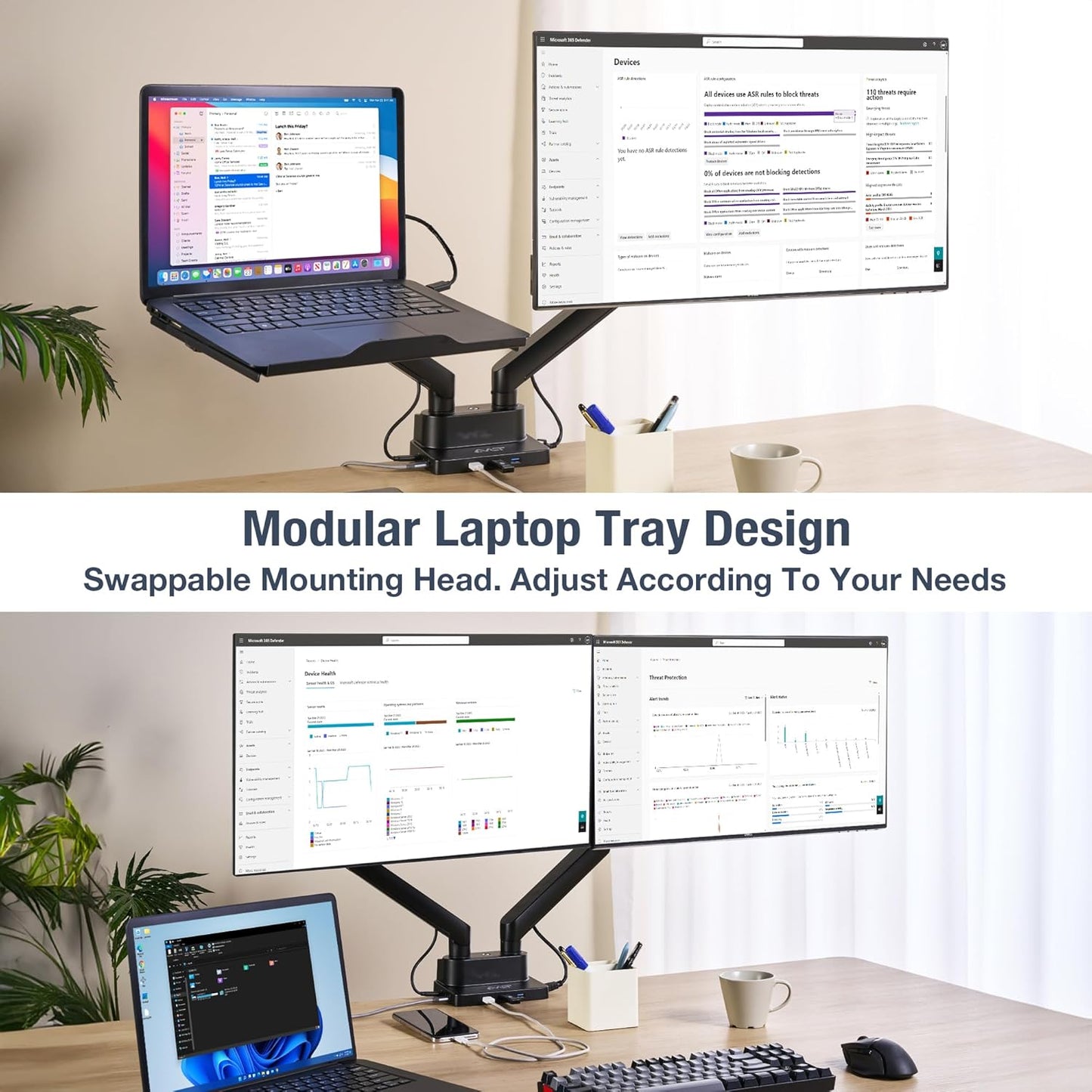 AVLT Dual 17”-38" Monitor Arm Desk Mount with 17" Laptop Tray and USB-C Docking Station, HDMI 4K60Hz, USB-A 5Gbps, Ethernet, 100W PD, Fits Two Flat/Curved Monitor - Black