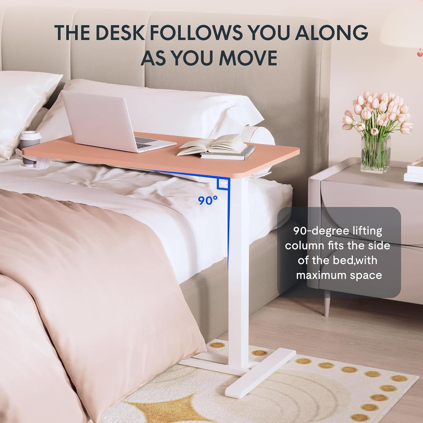 FLEXISPOT H7 Adjustable Overbed Bedside Table with Wheels Pneumatic Mobile Standing Desk Laptop Desk Rolling Computer Cart Movable Overbed Table Hospital Home Use(27.6" W x 15.7" D, Pink)