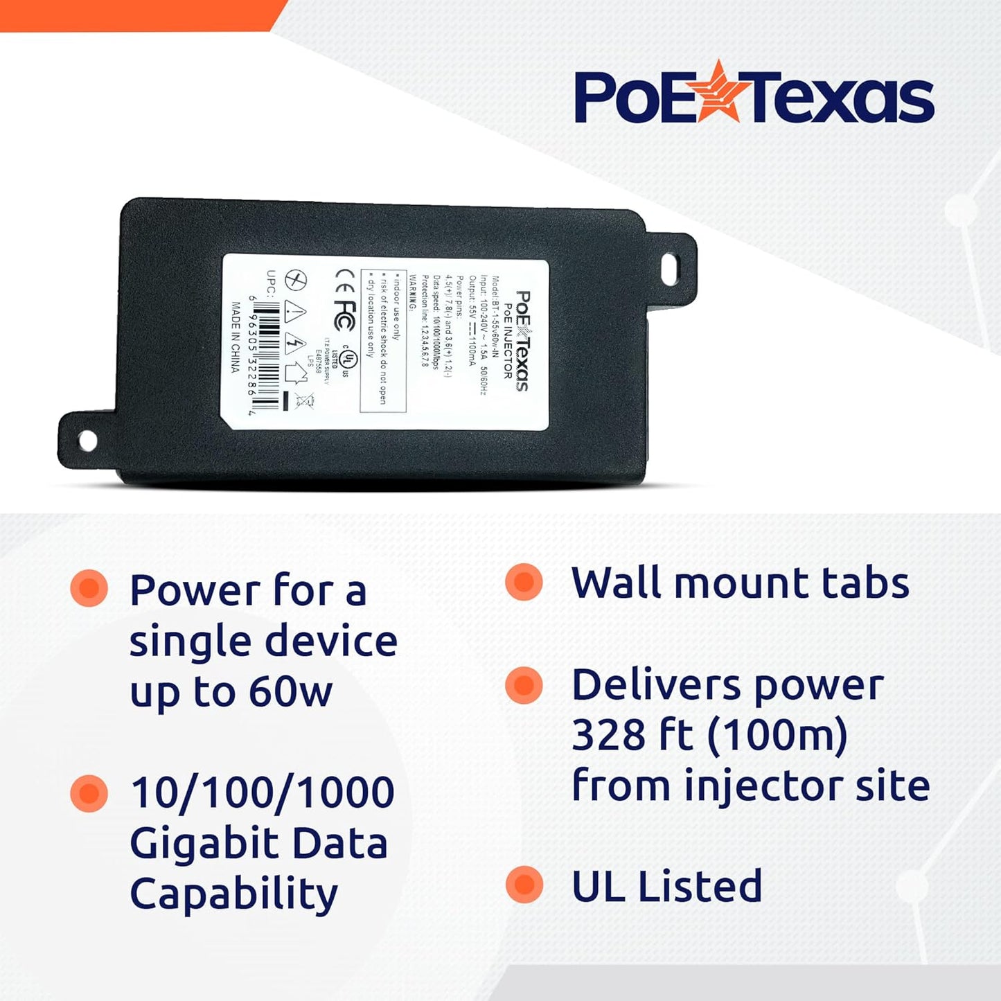 Poe Texas 60 watt PoE Injector - 802.3bt PoE++ Single Port 4-Pair Power Over Ethernet Injector - Active PoE Adapter with 55V 60W Output - 10/100/1000 Gigabit Data - Mode A/B Wall Mount Plug & Play