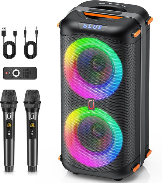 Karaoke Machine with 2 Wireless Microphones, Portable Bluetooth 5.3 Karaoke Speaker for Home Party Outdoors, PA System for Adults with Echo Adjustment/LED Lights, Support TV/USB/AUX/TF