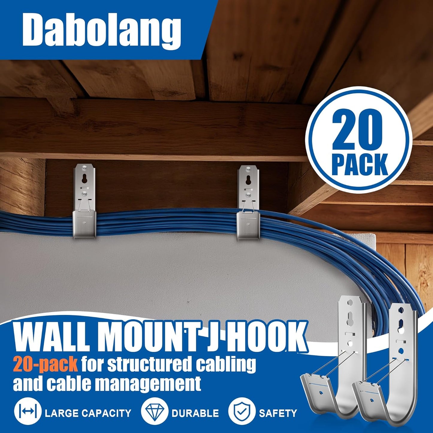 20 Pack J Cable Hook with Retainer Clip, 2-Inch Heavy Duty Wall Mount J-Hooks,J-Hook for Hanging Cable & Wire,Cable Hooks for Structured Cabling and Cable Management