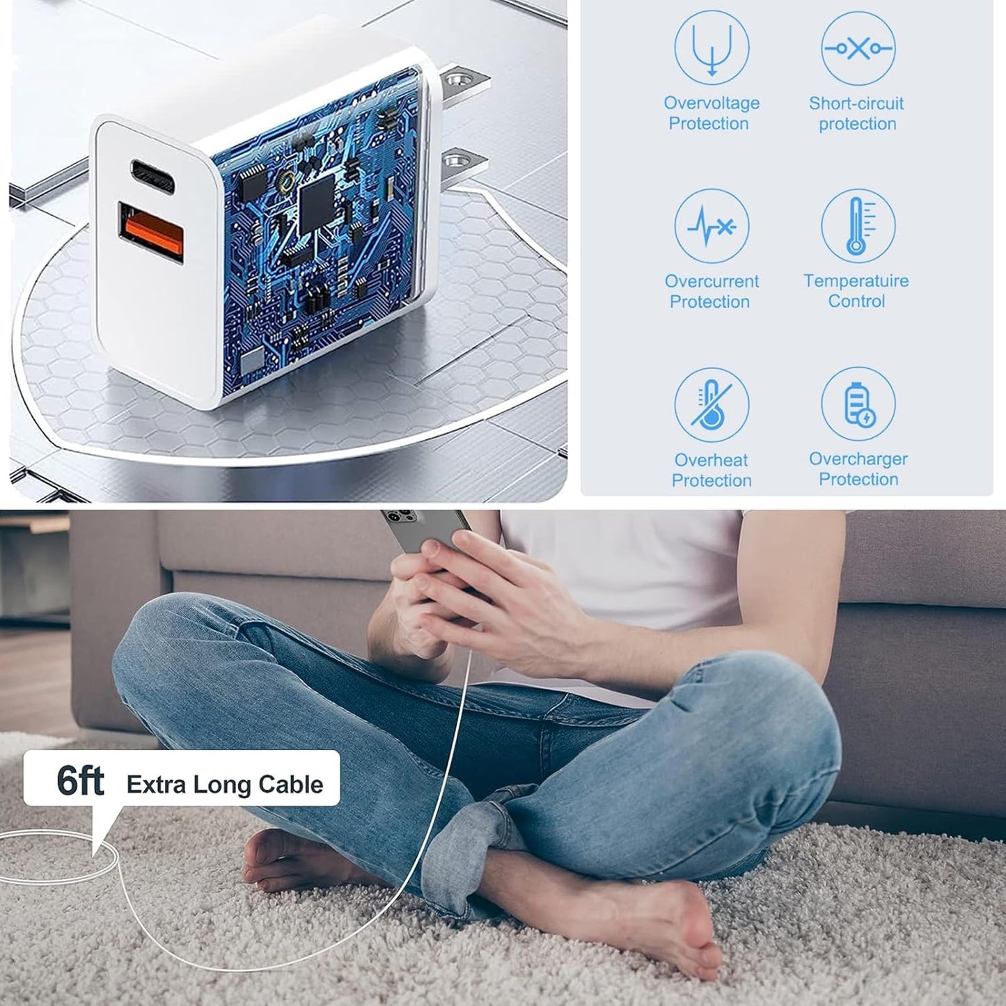 iPhone Fast Charger,[MFi Certified]2Packs 20W Dual Port PD/QC3.0 USB C Wall Charger with 6FT USB C to Lightning Cable Data Sync Cord For Apple iPhone 14 13 12 11 Pro Max X Xr Xs Max 8Plus, AirPods Pro