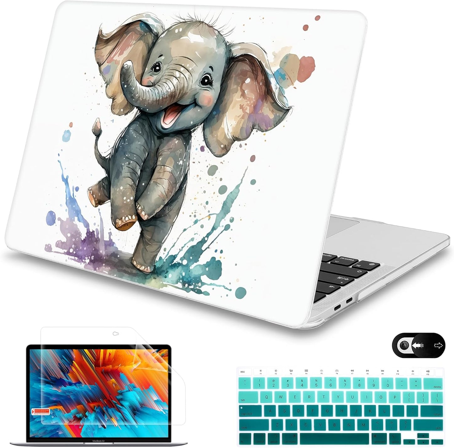 Mektron for MacBook Air 13 Case A1466/A1369 (2010-2017 Release), Snap-on Plastic Hard Shell Cover for MacBook Air 13.3 inch with Keyboard Cover, Cute Elephant
