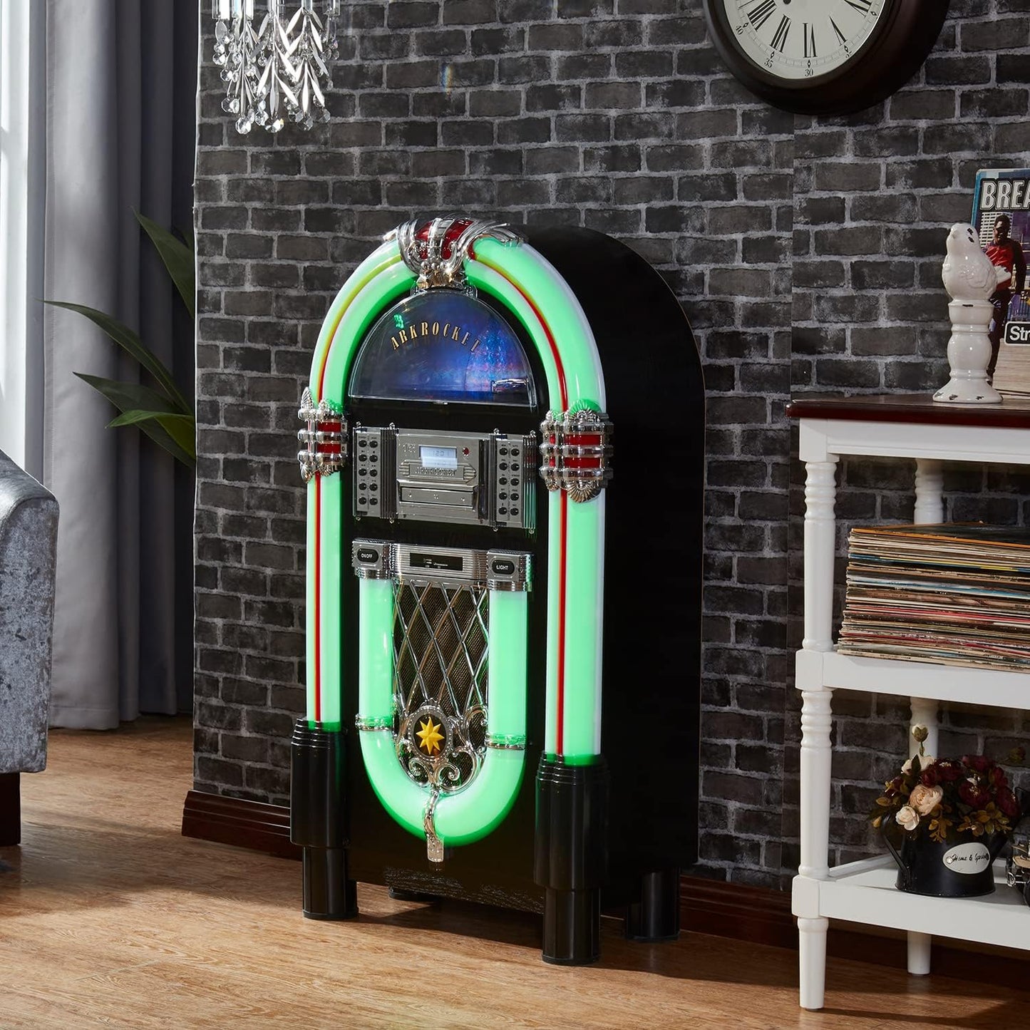 Arkrocket Taurus II Mid-Size Jukebox Vinyl Record Player Bluetooth USB SD CD Player Radio Retro Turntable Classic Jukebox (Taurus II - Black)