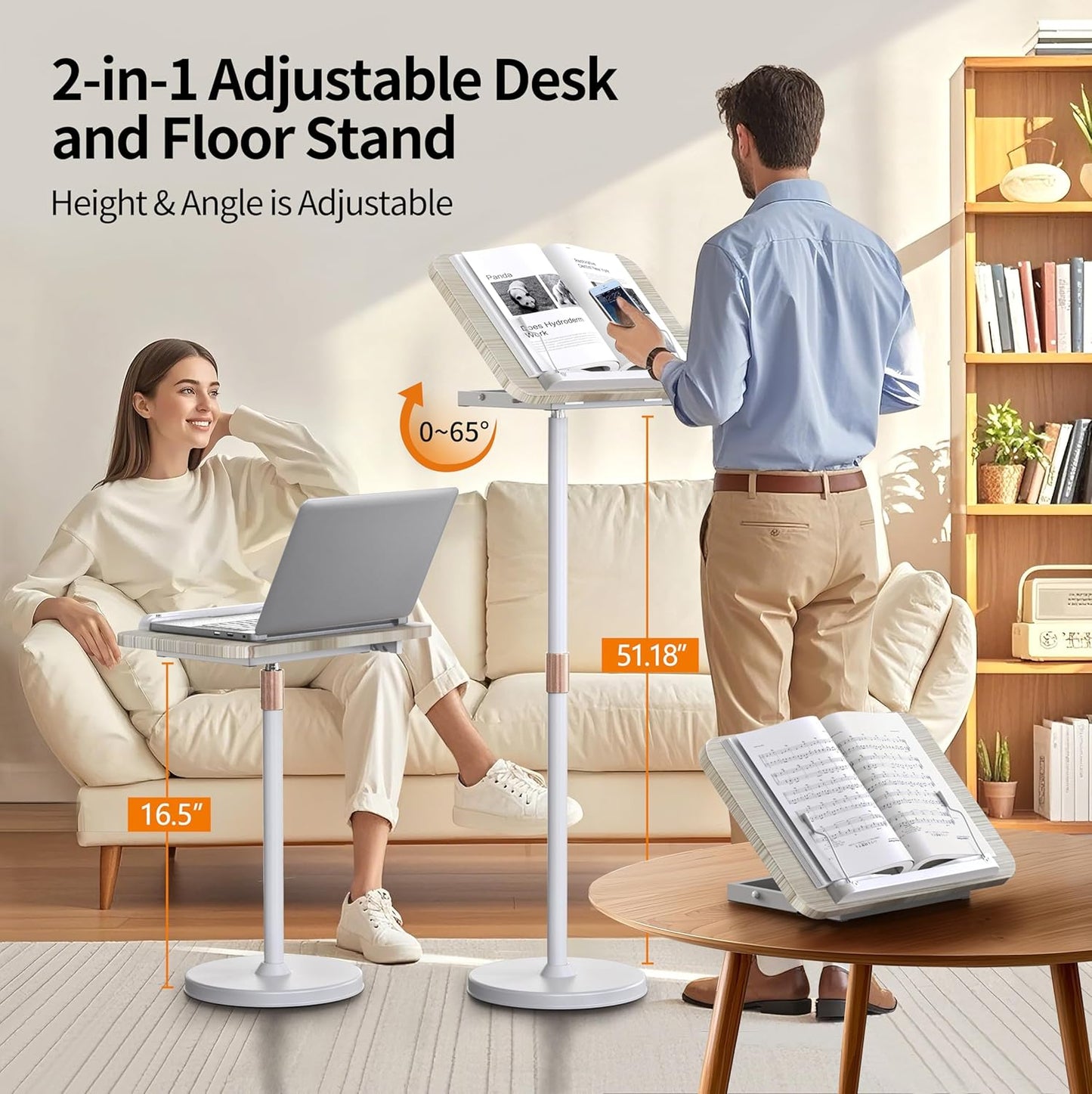 NAMON 2 in 1 Portable Laptop Floor Stand & Laptop Stand for Desk, Small Adjustable Table with Height Adjustable from 16.5" to 51", Wooden Laptop Stand White for Home, Office, Meeting Room, Study