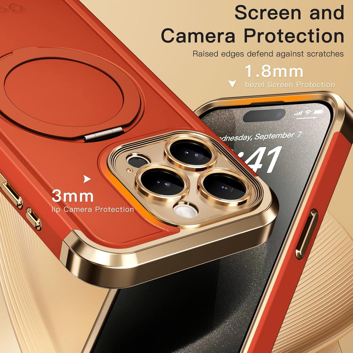 COOLQO for iPhone 15 Pro Max Case 6.7'' Upgraded 360° Spin Magnetic Stand [Compatible with Magsafe][Military Protection] Shockproof Protective Phone Holder Cover for iPhone 15 Pro Max, Orange Gold