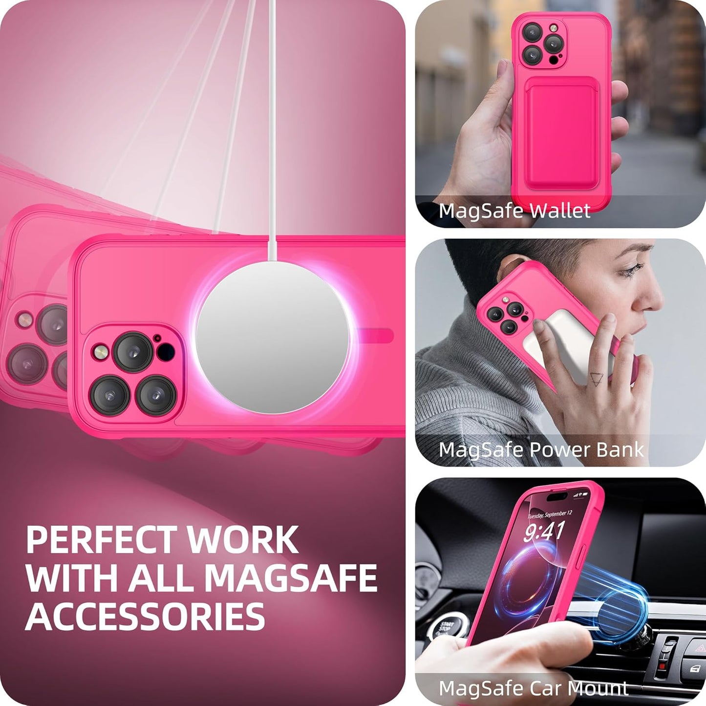 BERFY Magnetic for iPhone 16 Pro Max Case, Compatible with MagSafe, [Built-in 9H Tempered Glass Screen Protector & Camera Protection] Full Body Translucent Matte Phone case for 16 Pro Max, Hot Pink