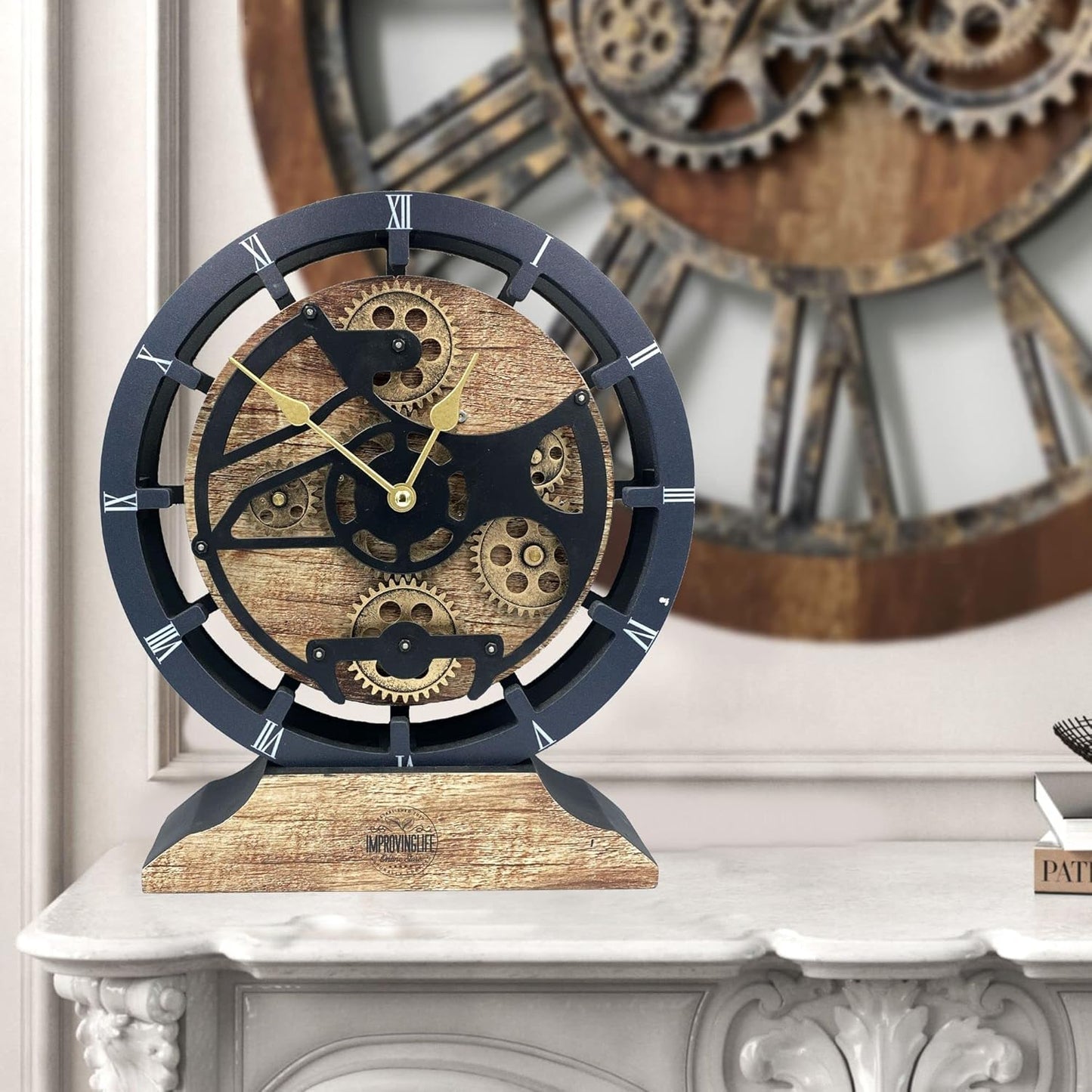 ImprovingLife The Gears Clock Desk Clock 10 inches with Real Moving Gears Convertible into Wall Clock (Vintage Brown)