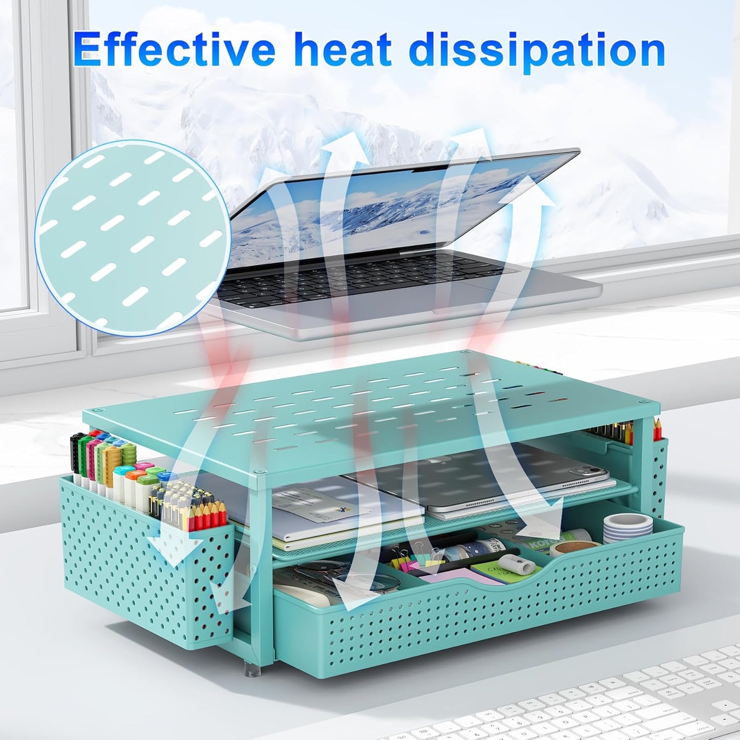 gianotter Desk Organizers and Accessories, Monitor Stand with Drawer and 2 Pen Holder, Desktop Organizer Suitable for Offices and Dormitories (Blue)