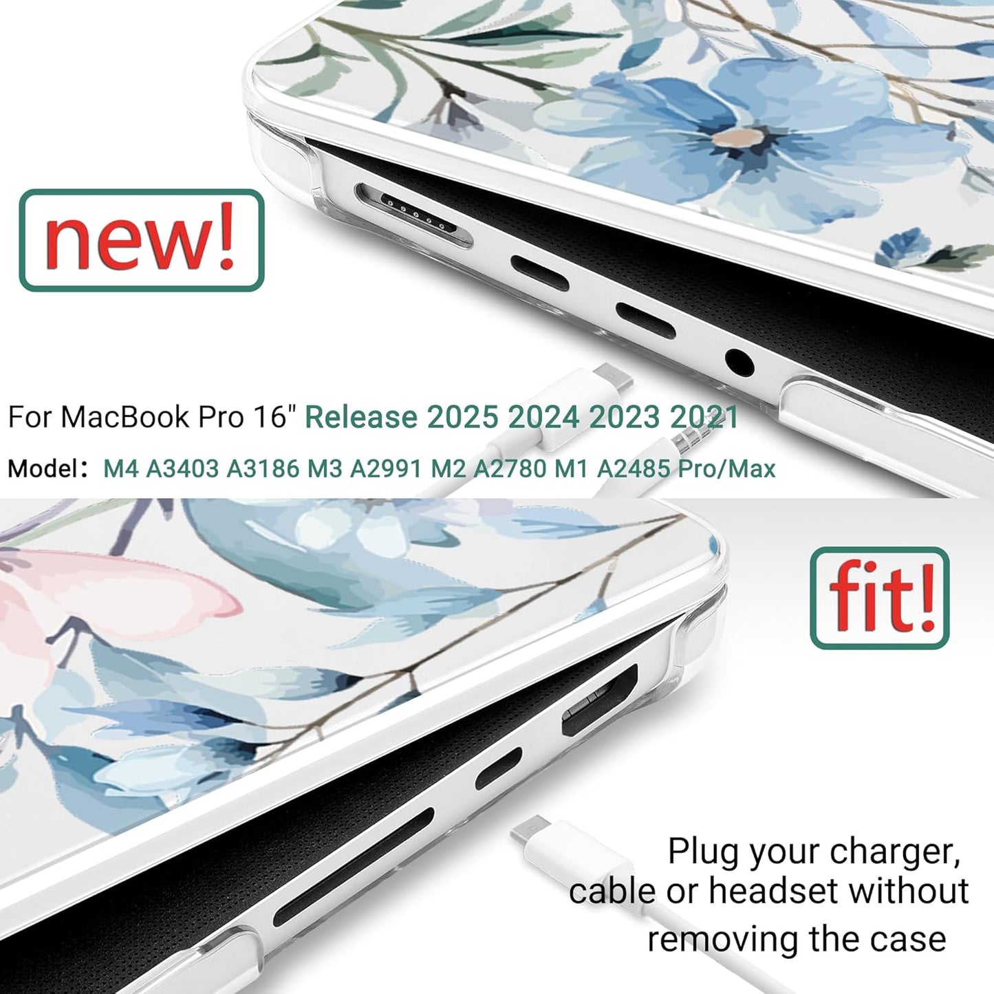 DONGKE for M4 MacBook Pro 16 Inch Case 2024 2023 2021 A3403 A3186 M3 A2991 M2 A2780 M1 A2485 Pro/Max Chip, Plastic Hard Shell Case & Keyboard Cover for Mac Pro 16 with Touch ID, Blue Flowers
