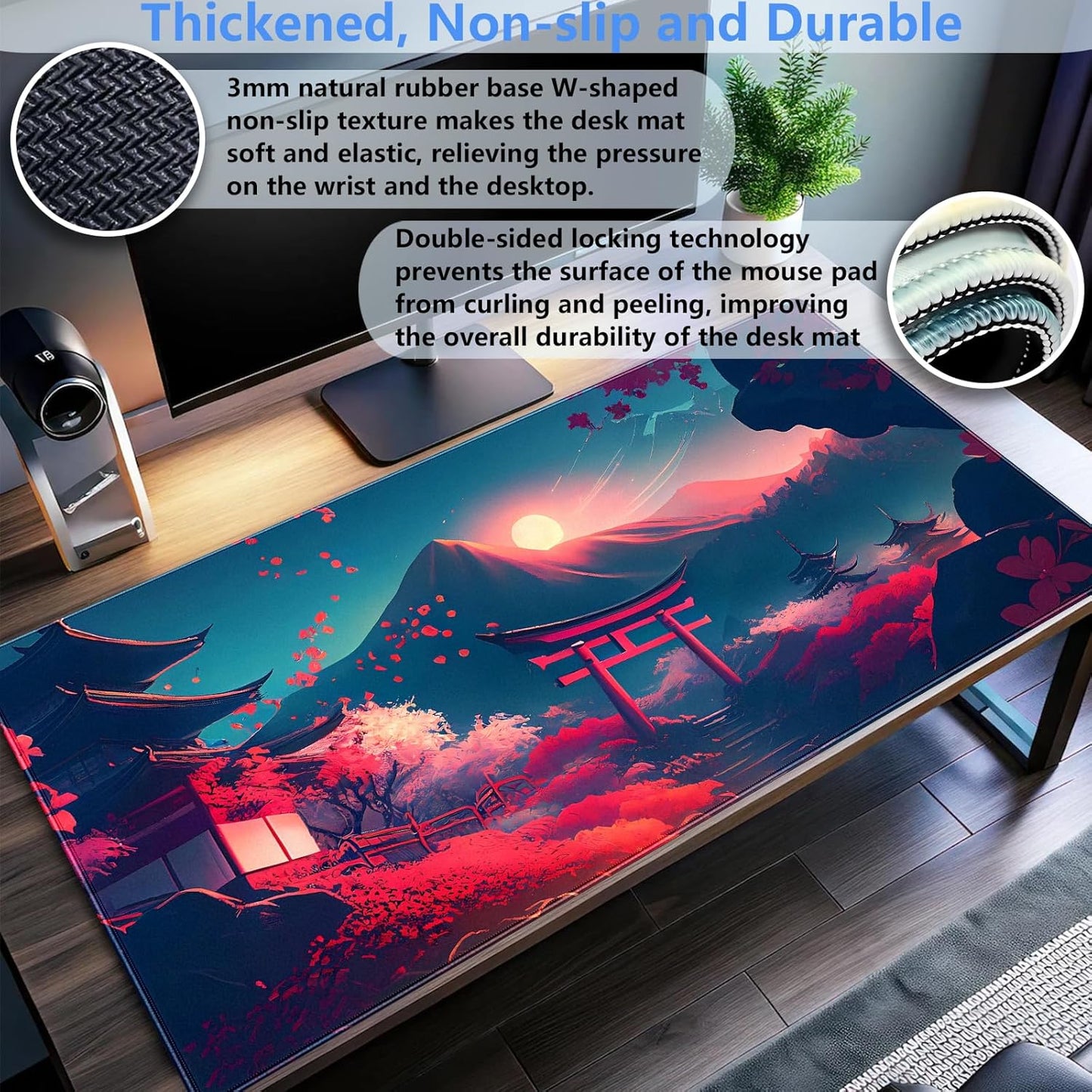 Japanese Anime Mouse Pad - Pink Sakura & Full Moon Design Gaming Desk Mat, XL Large (31.5"x15.7") Keyboard Pad for PC Laptop Office Decor