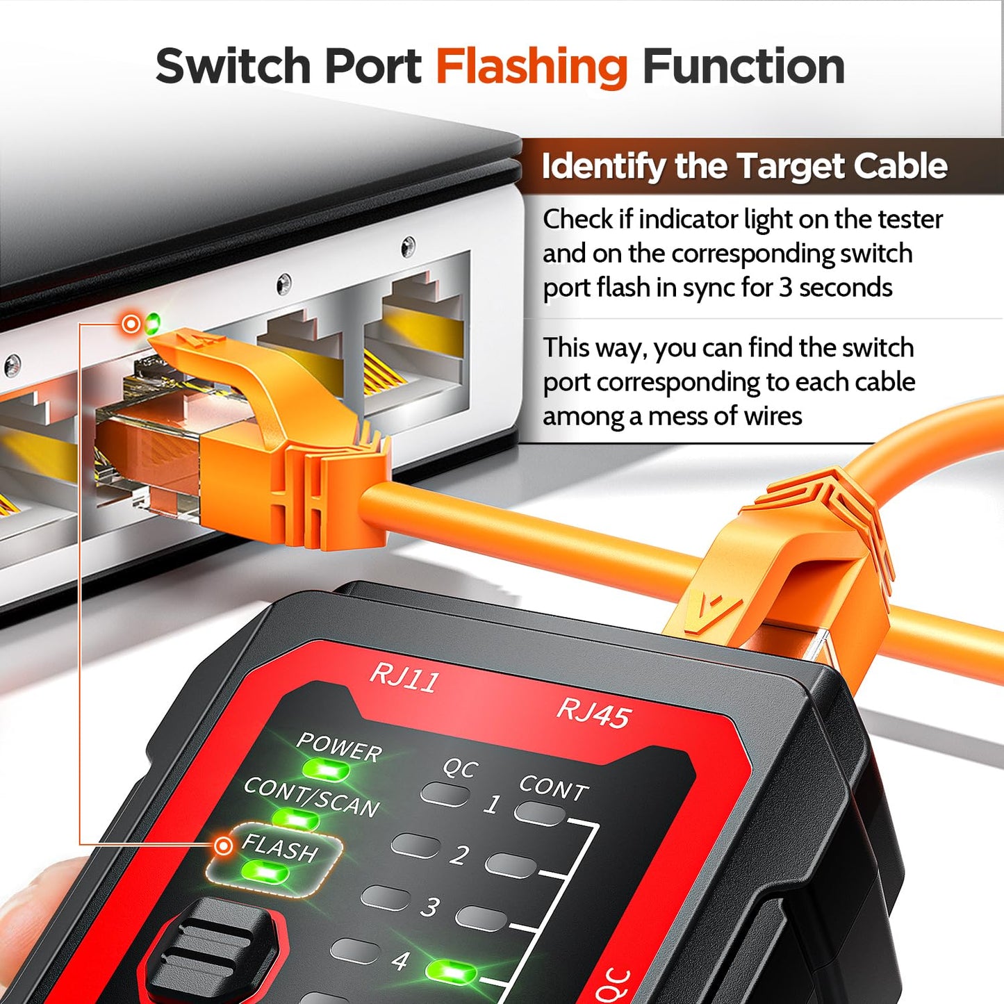 AMPCOM Wire Tracker & Network Cable Tester with PoE Detection, NCV Voltage Detection, RJ45/RJ11 Line Tracer, Type-C Rechargeable, LED Light, for LAN/Ethernet/Telephone Continuity Testing