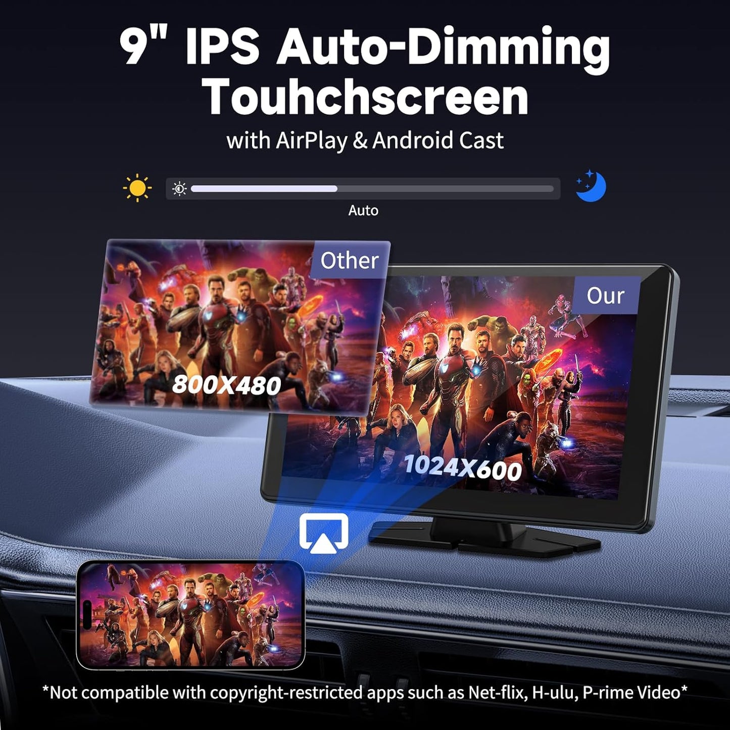 Carplay Screen for Car, 9" Android Auto Screen Compatible with A-pple Carplay, Portable Wireless Car Stereo Audio Receivers with Backup Camera, MirrorLink, Siri, BT, AUX, Navigation for All Vehicles