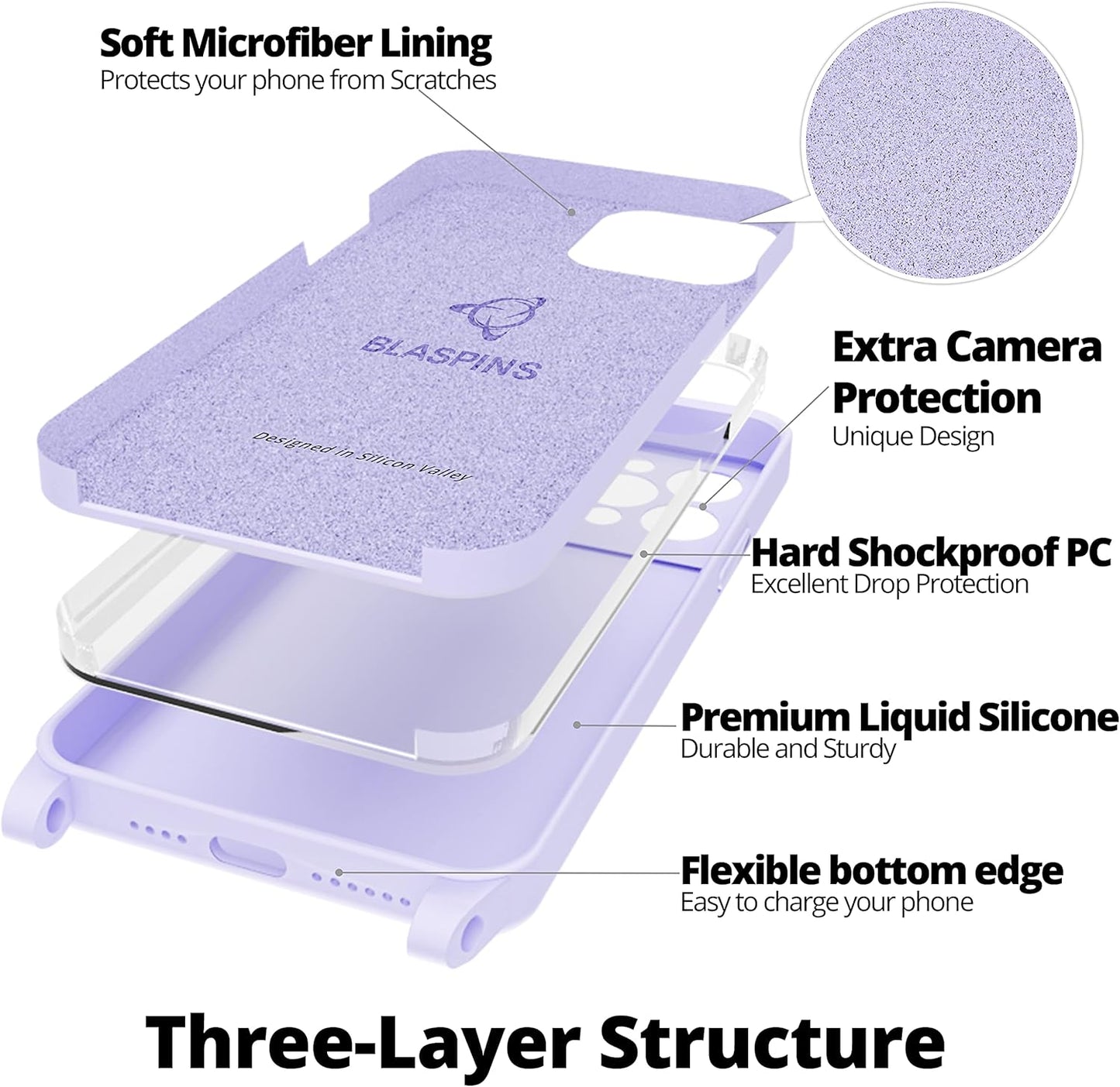 Blaspins Crossbody Strap Phone Case for iPhone 13 Pro Max, Adjustable Rope, Belt Neck Lanyard, String Detach Lanyard, Drop Proof Sturdy, Wrist Hand Free Protective Cover 6.7 inch 13 Pro Max - Purple