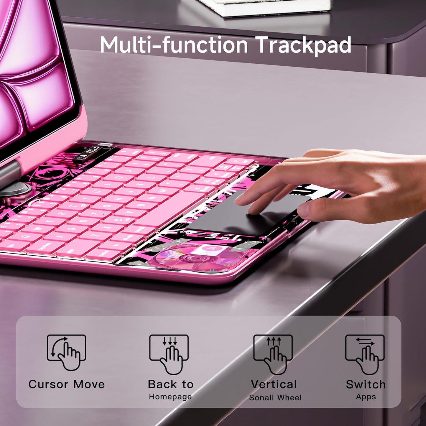 iPad Keyboard Case for 2024 M4 iPad Pro 11 inch, Magic Wireless Keyboard with Trackpad 7 Color Backlit, 360° Rotating Stand Transparent Protective Cover with Pencil Holder (Pink)