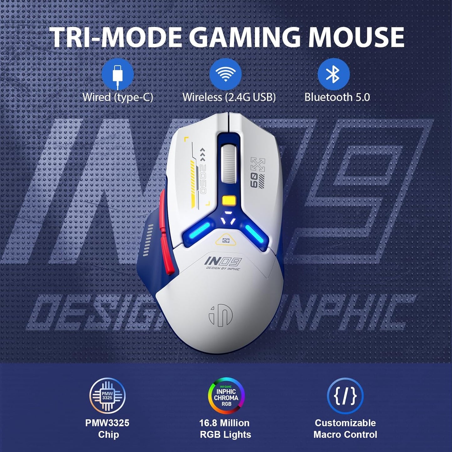 INPHIC IN9 Wireless Gaming Mouse, True Tri-Mode Bluetooth/Type-C Wired/2.4G Wireless Connection, 10000 DPl, Fully Programmable, RGB Backlit, for Laptop PC Mac