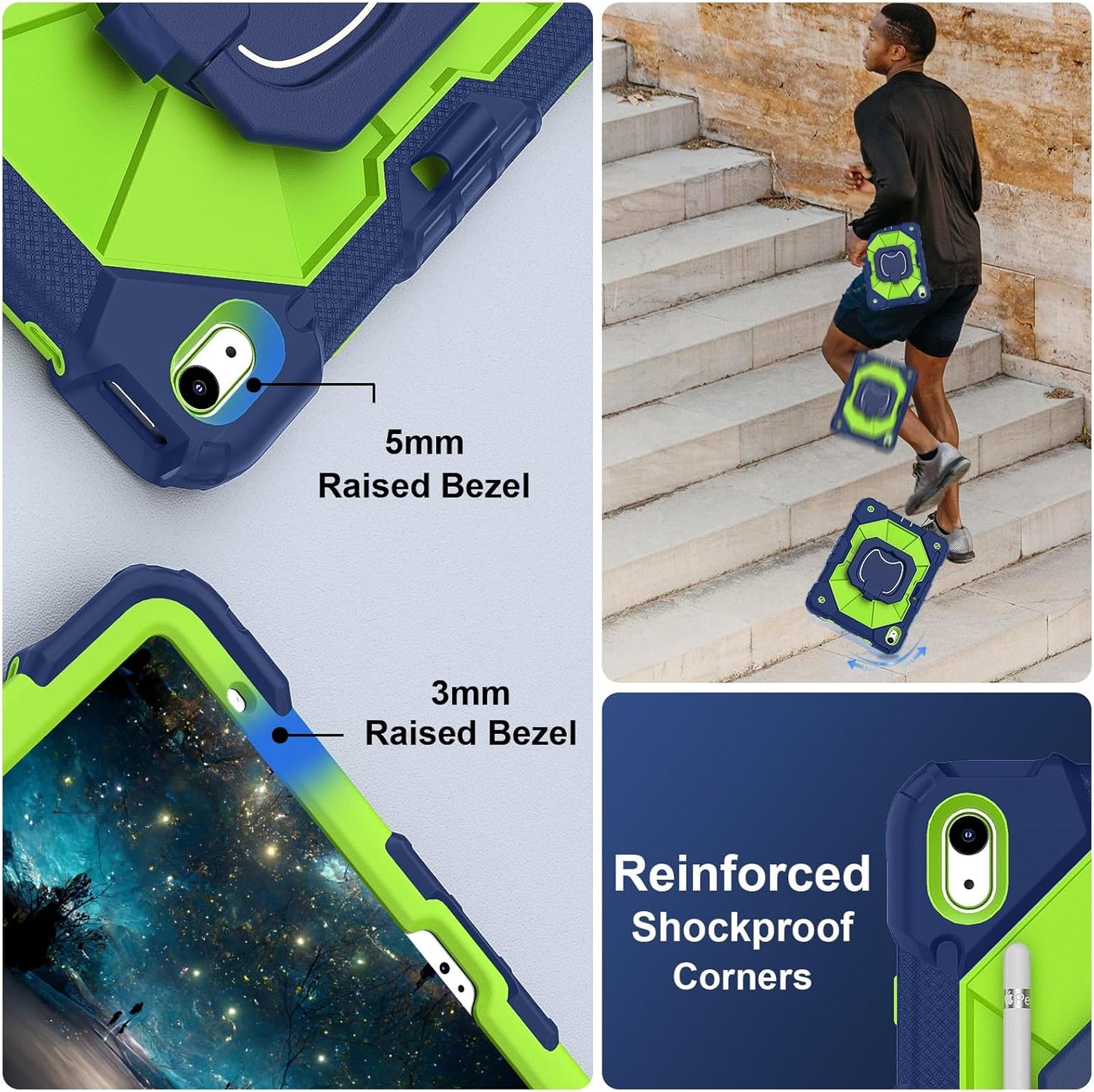 Case for iPad (A16) 11th Generation 11 Inch (2025) / iPad 10th Generation Case 10.9 Inch (2022) with 360° Rotating Stand Screen Protector Pen Holder Shoulder Strap, Navy Green