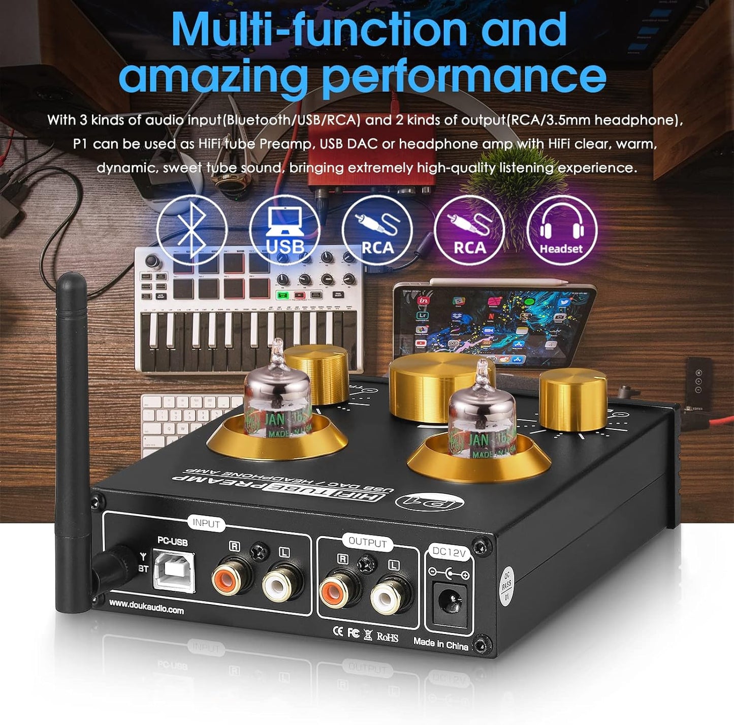 Douk Audio P1 Vacuum Tube Bluetooth Preamplifier, GE5654 Audio Preamp, Hi-Fi Headphone Amp, Stereo Wireless Receiver with USB DAC & APTX-HD for Home Theater Amplifier/Active Speaker