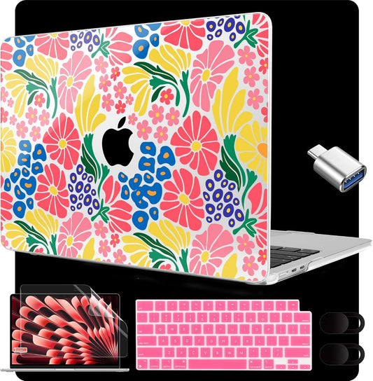 MEEgoodo for M4/M3/M2 MacBook Air 15.3 inch Case 2025 2024 2023, Case Fit Model (A3241/A3114/A2941) for MacBook Air 15 inch, Laptop Hard Shell with Keyboard Cover, Groovy Flower