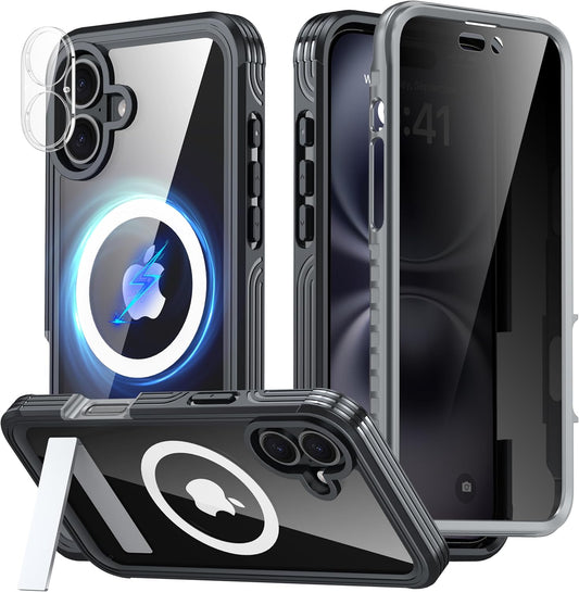 360° Protection Magnetic for iPhone 16 Case Built-in 9H Privacy Screen Protector & Metal Stand[Fit for Magsafe][Anti-Spy][Lens Protector] Heavy Duty Shockproof Phone Case for iPhone 16(Black)