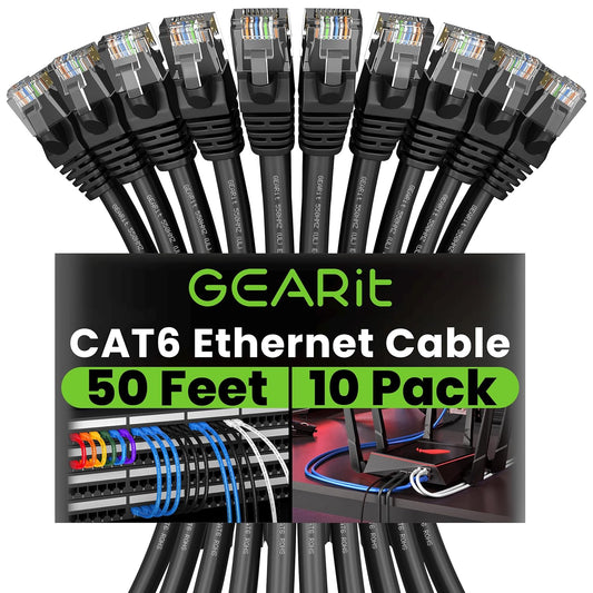 GEARit Cat 6 Ethernet Cable Pack - 10-Pack 50 ft Cat6 Ethernet Patch Cables | RJ45 Network Patch Cable, 10 Gbps Snagless Gold-Plated Connectors - Ethernet Cable Cat 6 for PC, TV, Router - Black