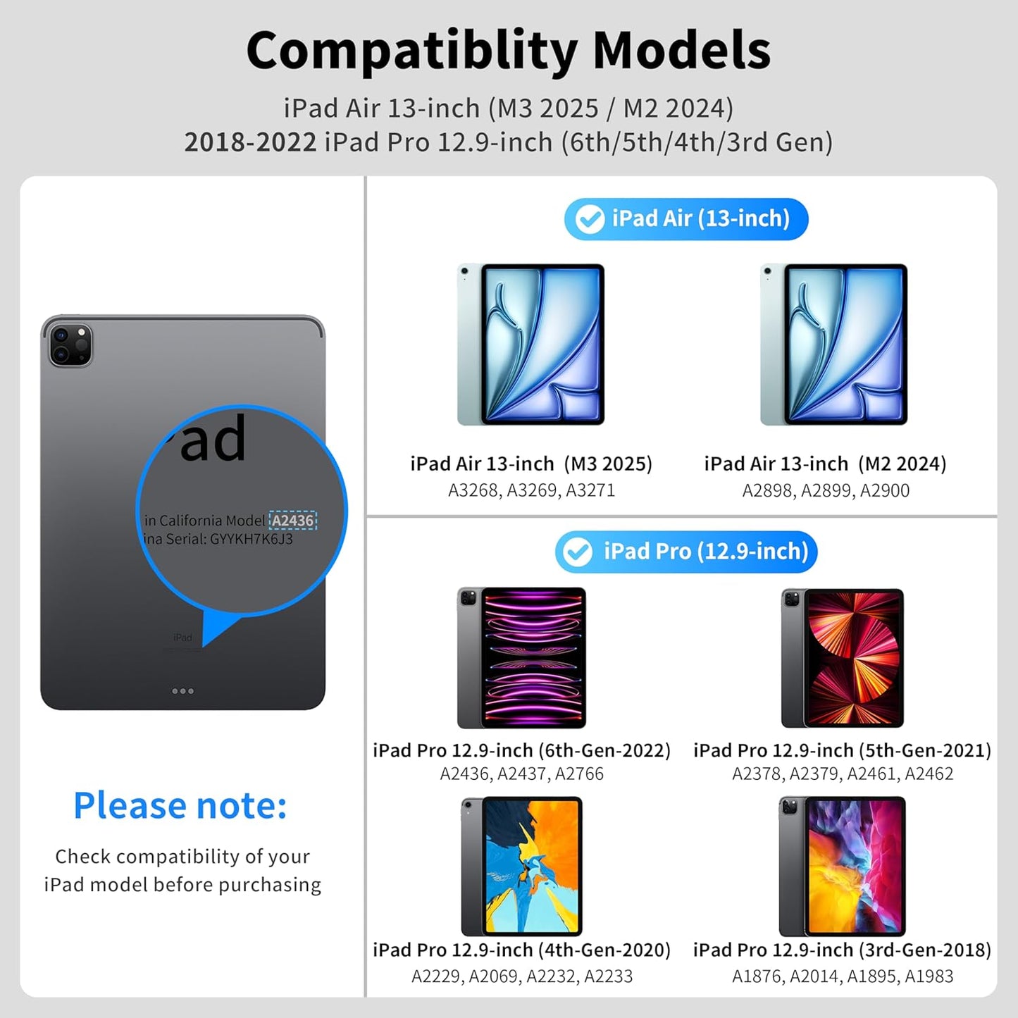 iPad Air 13 Inch Case Keyboard (M3 2025 / M2 2024) & iPad Pro 12.9 inch (6th,5th,4th,3rd Gen) Magic Keyboard with 7 Color Backlight, Multi-Touch Trackpad, Magnetic Stand,Auto Sleep/Wake (White)