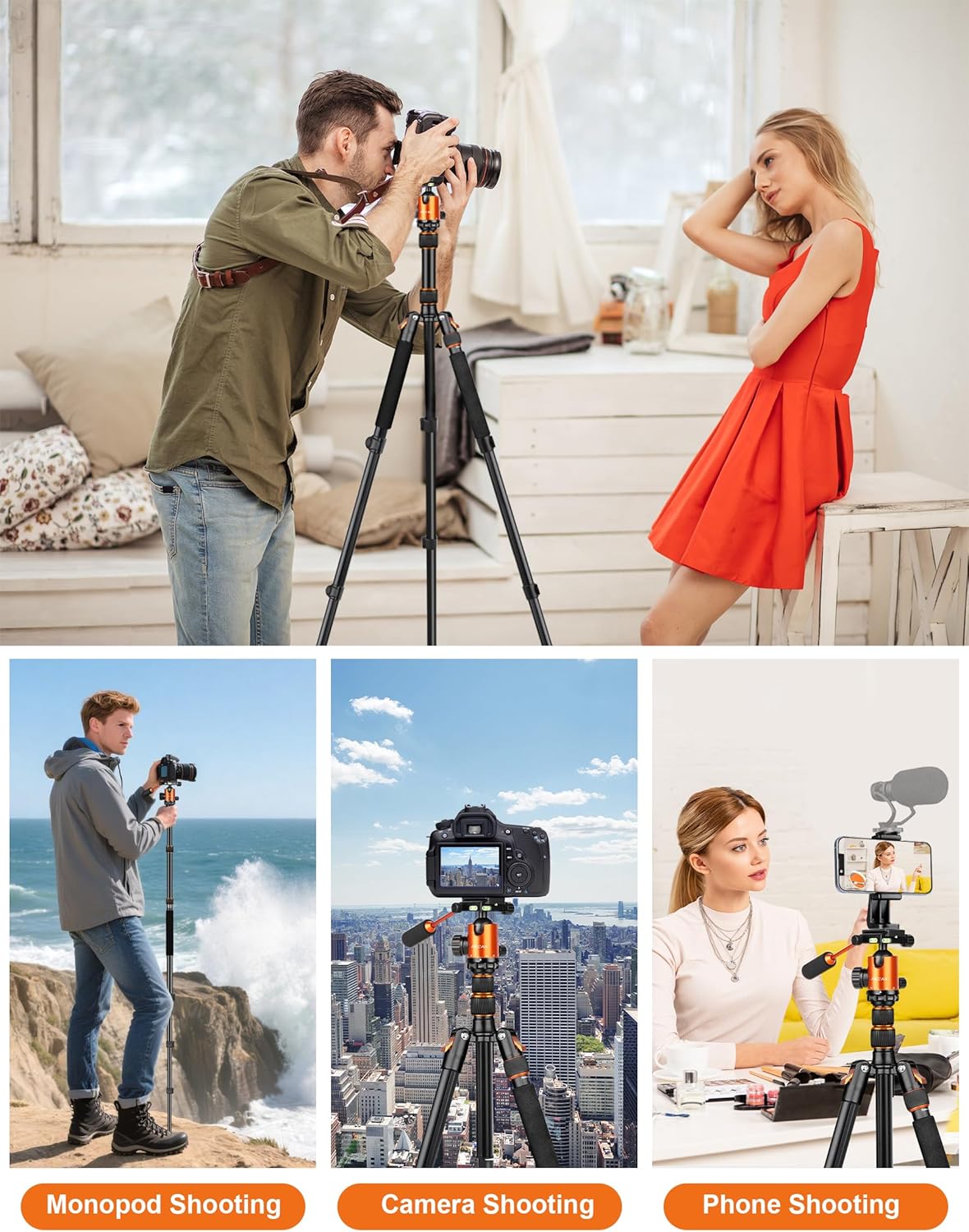 Camera Tripod, 81" Heavy Duty Aluminum Tripod for DSLR/Camera/Smartphone - with Handle, Converts to Monopod, Holds 35lbs