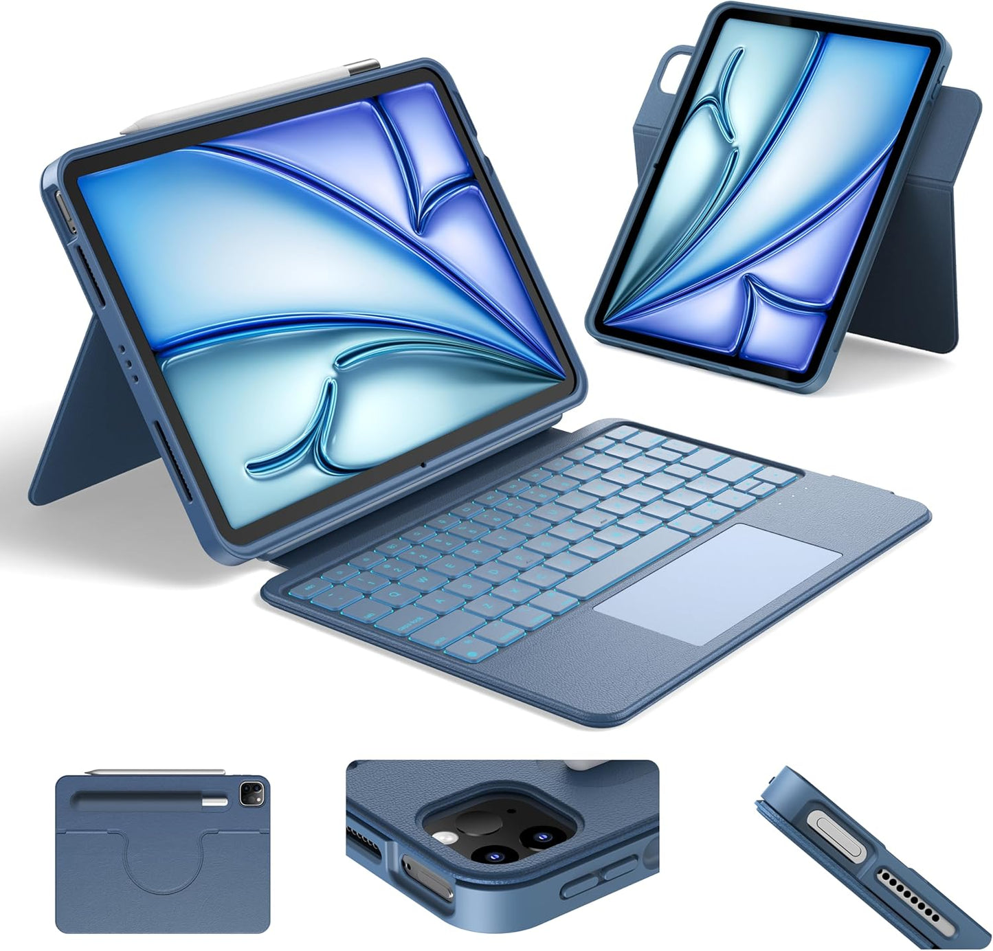 HOU iPad Air 11 Case with Keyboard (M3 2025, M2 2024) Detachable Rotatable Magnetic Full Protection Case, 7-Color Backlight, Touchpad, Elastic Pen Holder for iPad Pro 11 (4th-1st) & Air (5/4th)–Blue