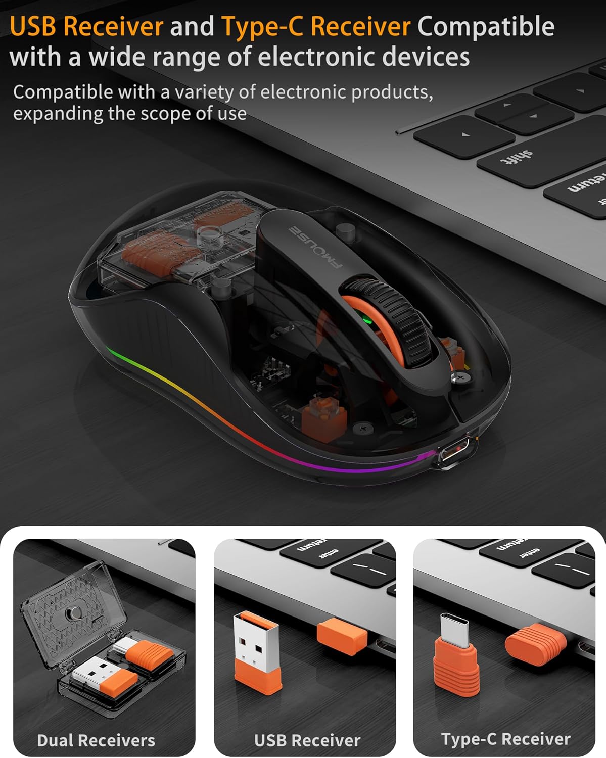 Bluetooth Wireless Mouse, Transparent RGB Tri-Modes Mouse,Bluetooth & 2.4GHz for Multi Device, USB-C Receiver Ideal for MacBook/Laptops, Rechargeable, Silent, Portable, Cool LED, Ergonomic - Black